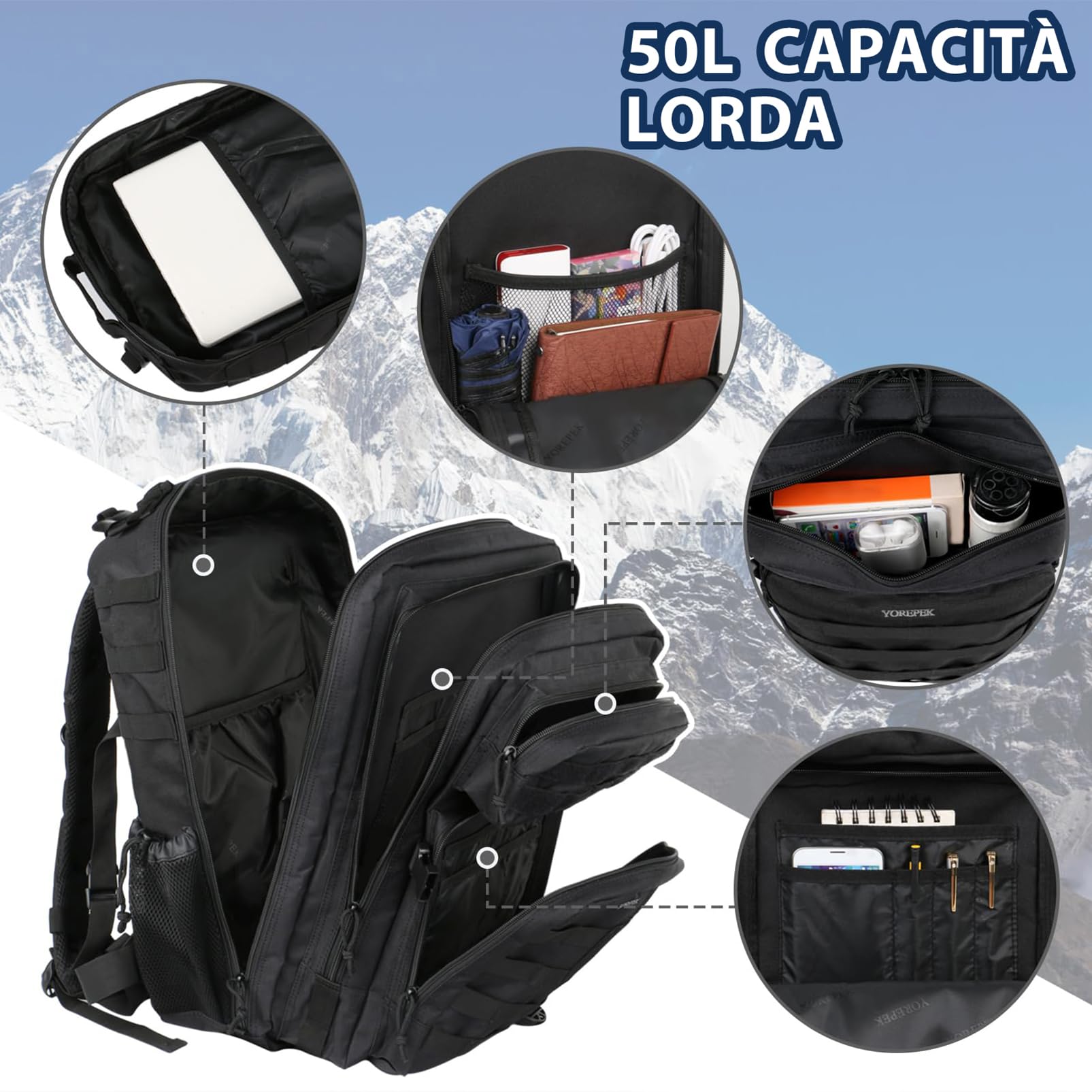 YOREPEK Zaino Tattico Militare, Grande zaino 50 Litri, Zaini Multifunzione | Zaino Tattico 50L, Zaino Molle Professionale Impermeabile per Lungo Viaggio, Caccia, Escursionismo, Campeggio, Patrol, Nero