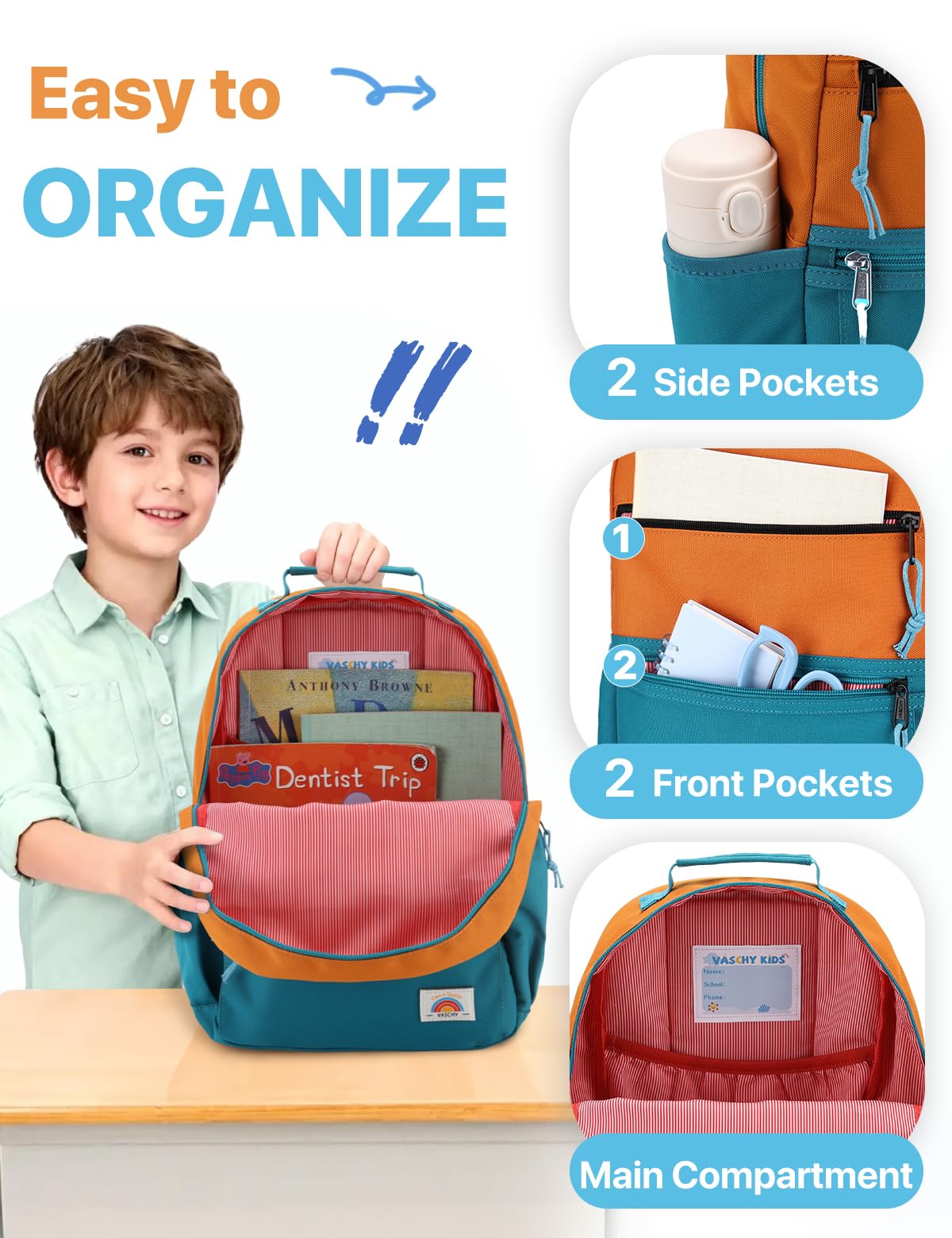 VASCHY Cartable Fille Garçon Primaire, Léger Sac à Dos Enfant 4 à 7 Ans pour Dossier A4 Multi-poches Résistant à l'Eau Bloc de Couleurs Sac d'École pour Scolaire Maternelle Voyage Vert Orange