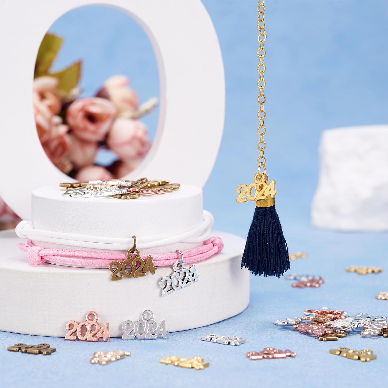 FASHEWELRY 140pcs Tibetan 2024 Year Charms Mixed Color Alloy 2024 Graduation Charms Number 2024 Dangle Pendants for Graduation Cap Tassel New Year Jewelry Making - Image 5