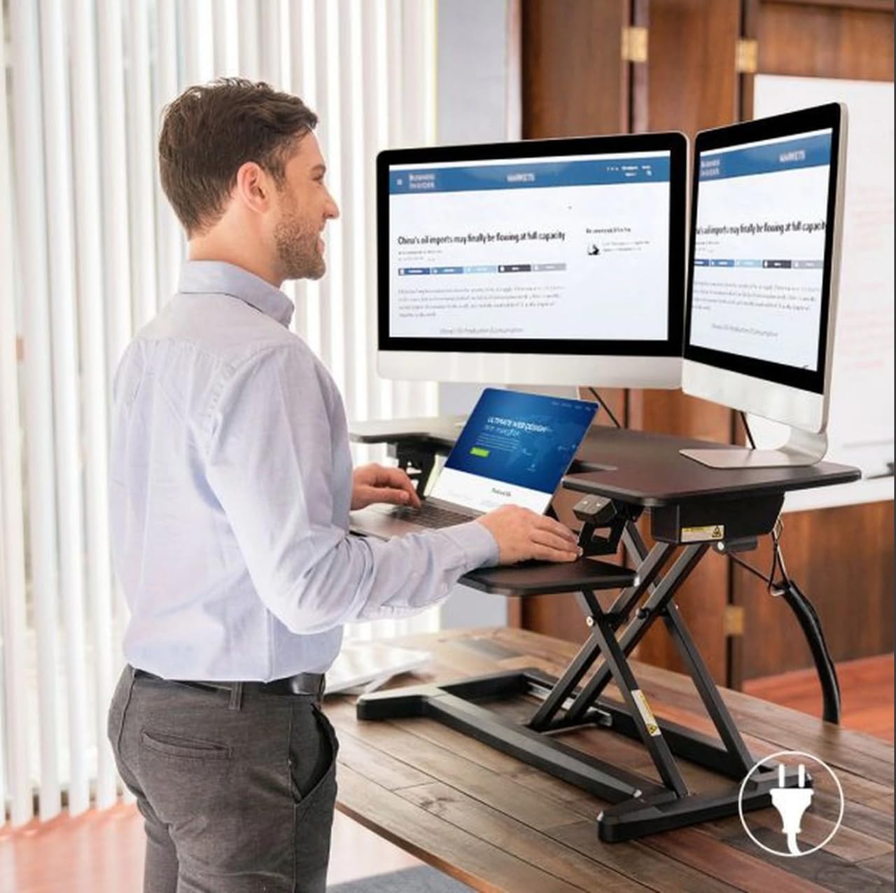 UPdesk Cross - Höhe 12-50,5 cm - Breite 41,5 x 88 cm - Schreibtisch Erhöhung - Höhenverstellbar - Elektrisches Bedienung - Weiß