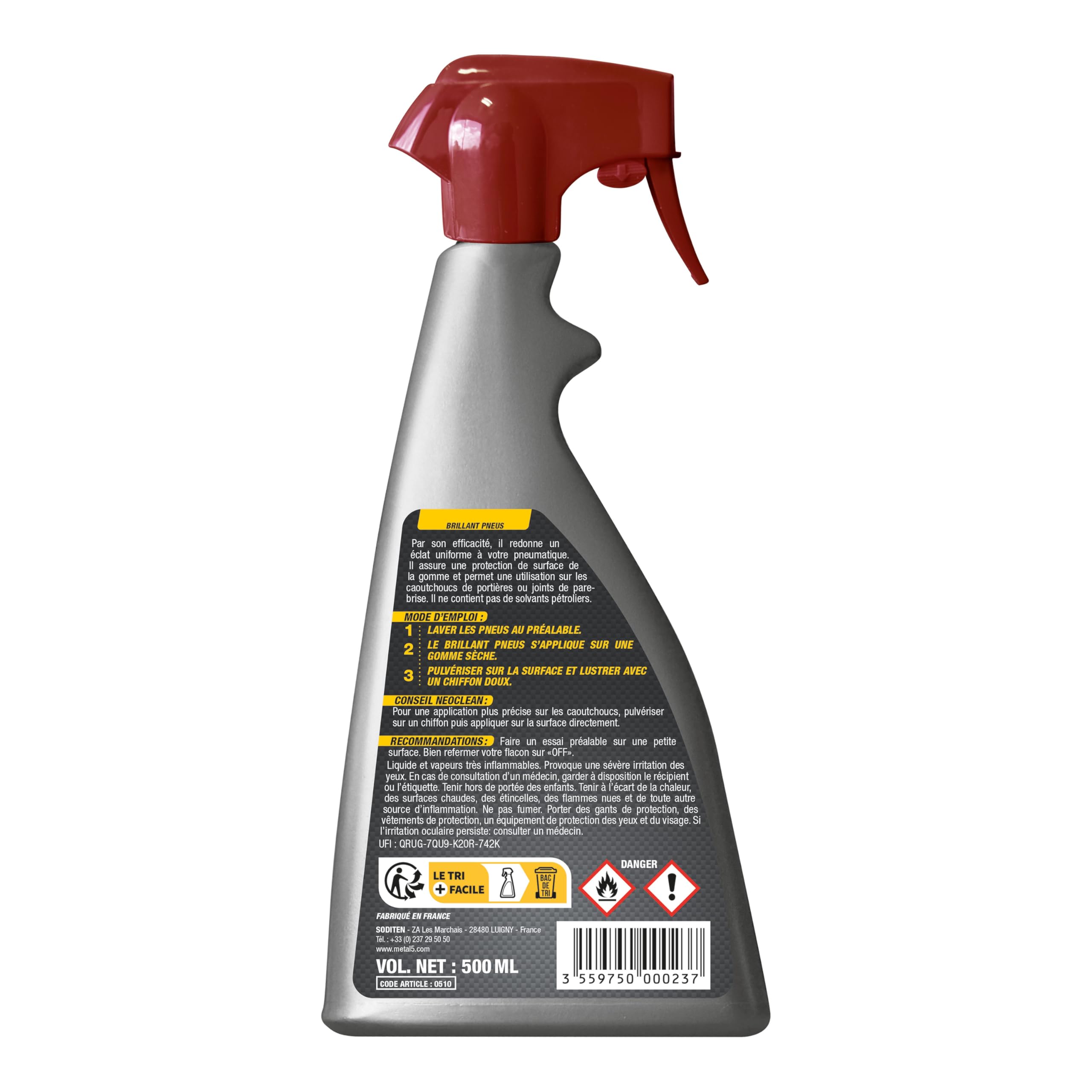 NeoClean Brillant Pneus – 500 ML – Redonne la Couleur Naturelle du Caoutchouc – Brillance Longue Durée sans Silicone – Protège Durablement - Fabriqué en France