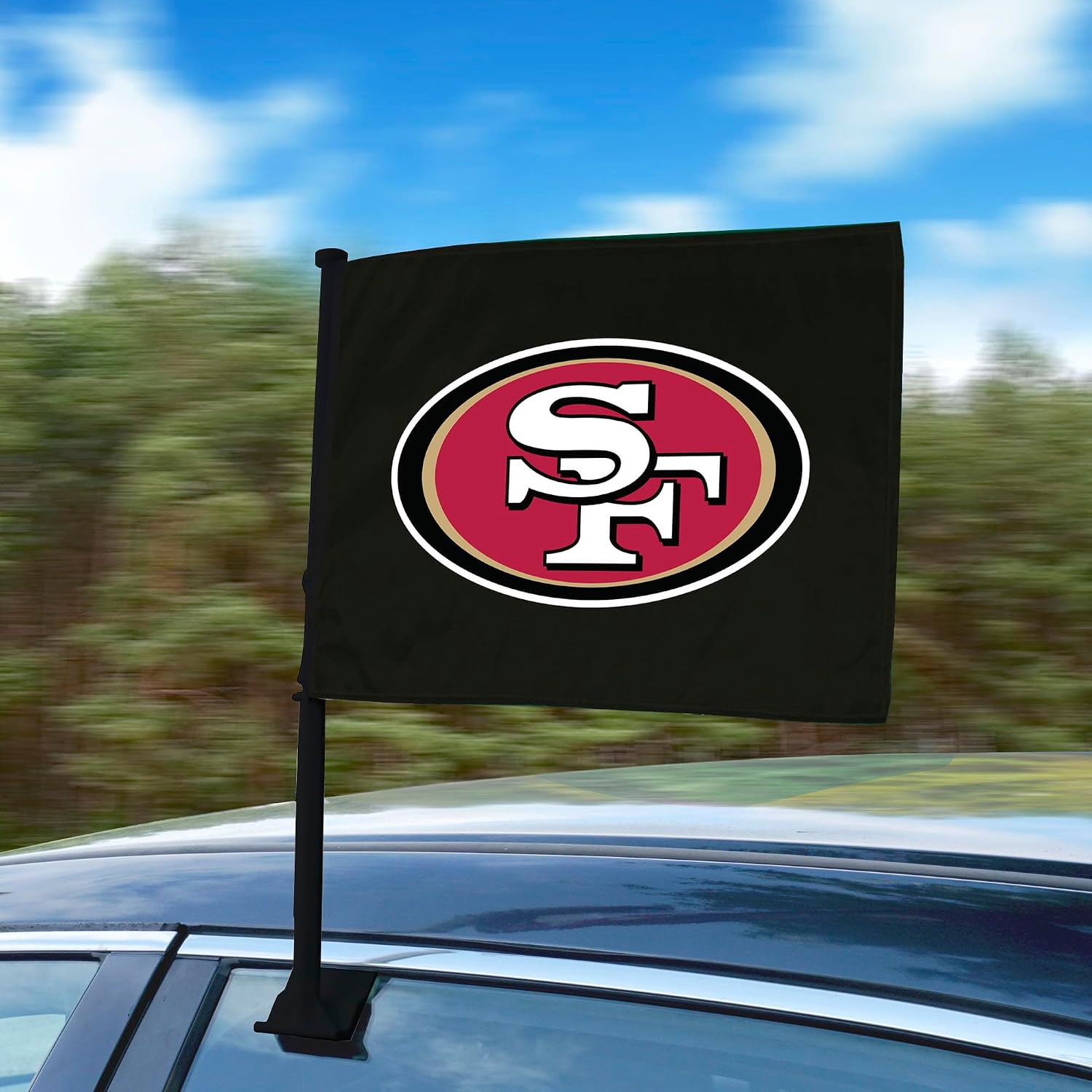 FANMATS 41381 NFL - San Francisco 49ers Single Car Flag | Black Flag & Pole | 11x14in | 49ers Primary Logo