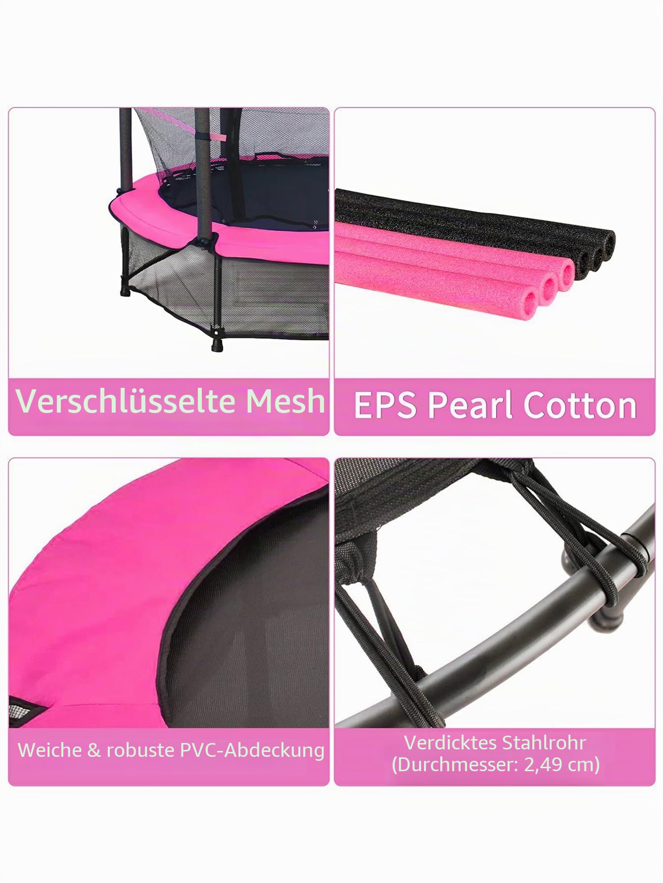 55" Kinder Trampolin,Gartentrampolin mit Sicherheitsnetz Robuster Stahlrahmen & Rahmenabdeckung,Indoor/Outdoor für Kinder von 3-6 Jahren,Rosa
