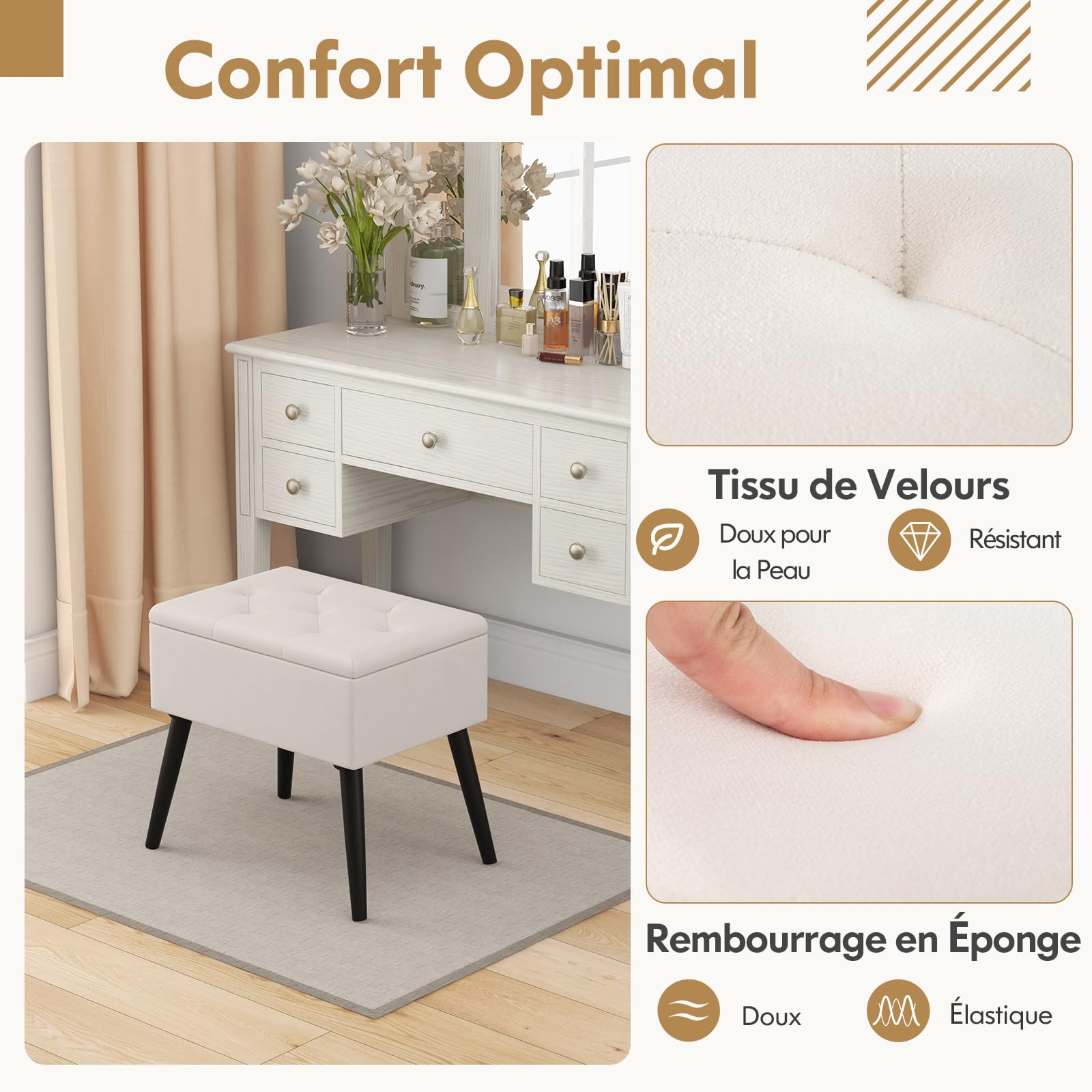 COSTWAY Tabouret Coiffeuse avec Rangement, Pouf Rangement en Velours, Pieds en Bois Massif, Siège Rembourré Rabattable, Banc Chaussures Entrée, pour Chambre Salon Coiffeuse, Charge 150 kg (Beige)