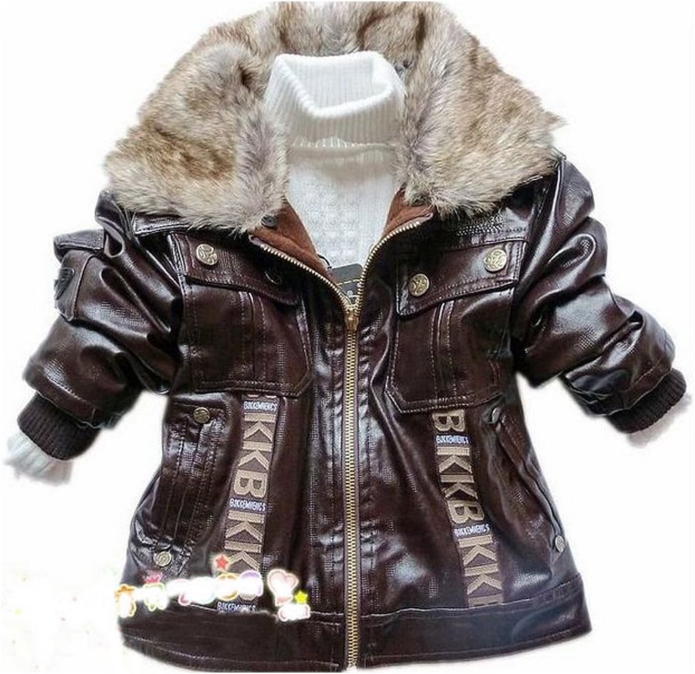 SOPO Baby Boys PU Leather Winter Jackets Fake Fur Collar Outwear 2 Color 3-5Y