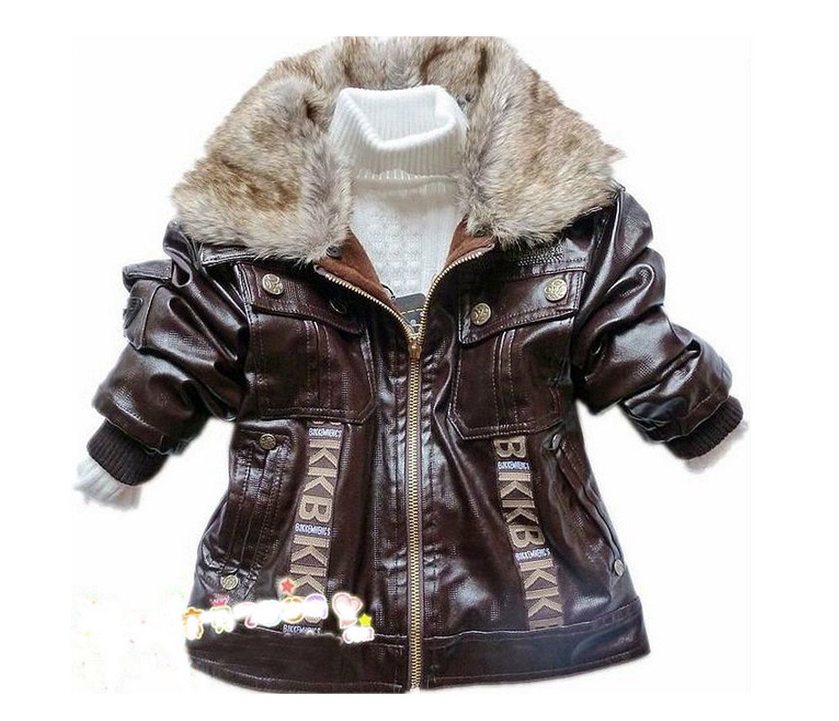 SOPO Baby Boys PU Leather Winter Jackets Fake Fur Collar Outwear 2 Color 3-5Y