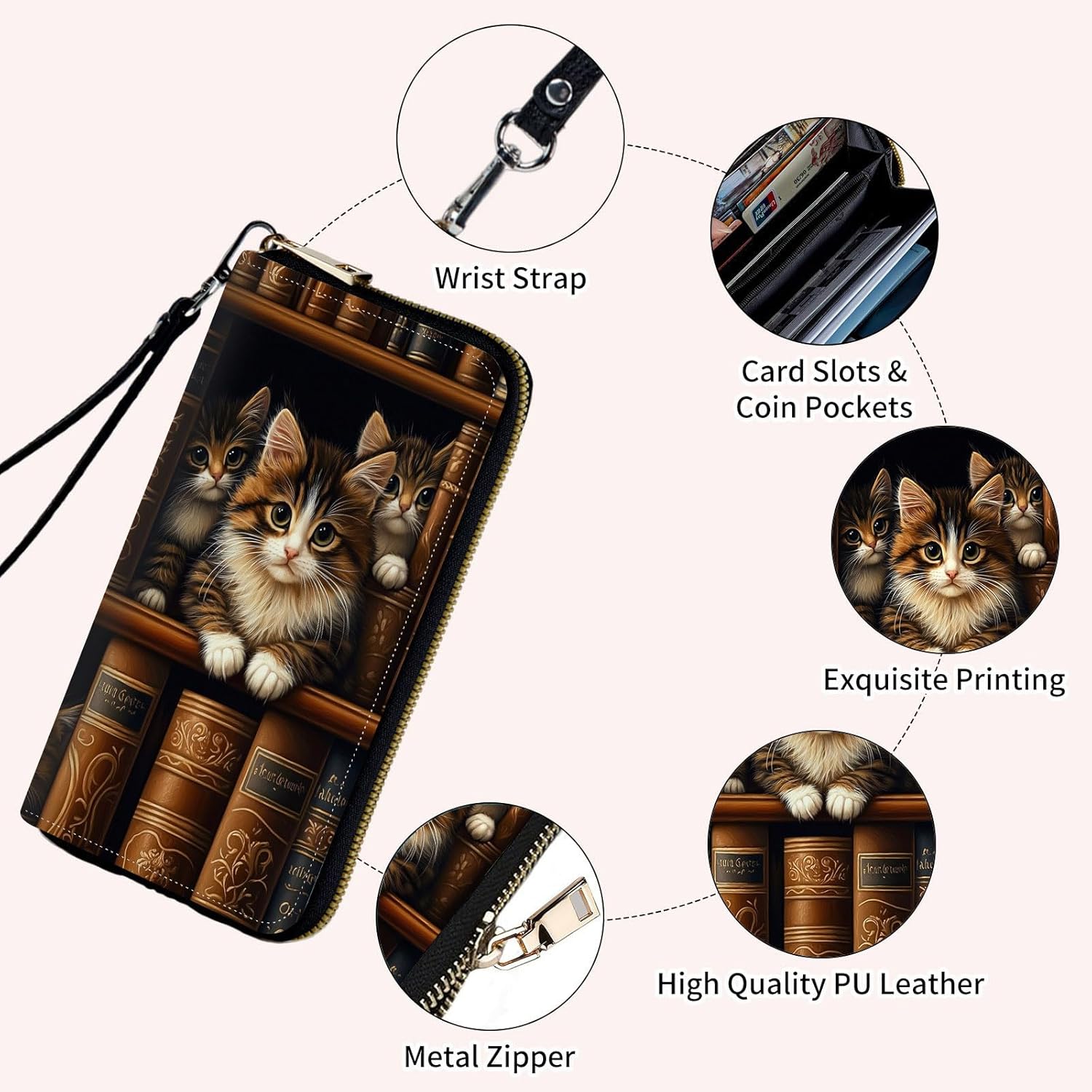 Ladies Wallet,Clutch Purses for Women Wallets Leather Credit Card Holder for Women Wristlet Slim Small Cute with Zipper,Thin RFID Blocking with Wrist Strap,Cute Cat Bookshelf - Image 5