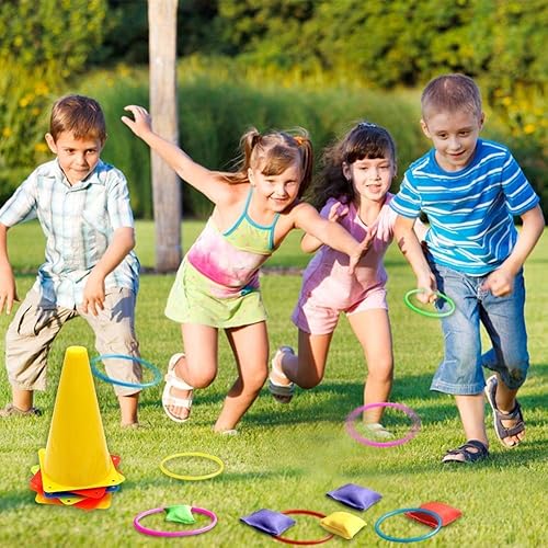 Miniatura 5 de Juego de juegos de carnaval 3 en 1, conos de plástico suave, bolsas de frijoles de Cornhole para carnaval, juegos de lanzamiento de anillos para