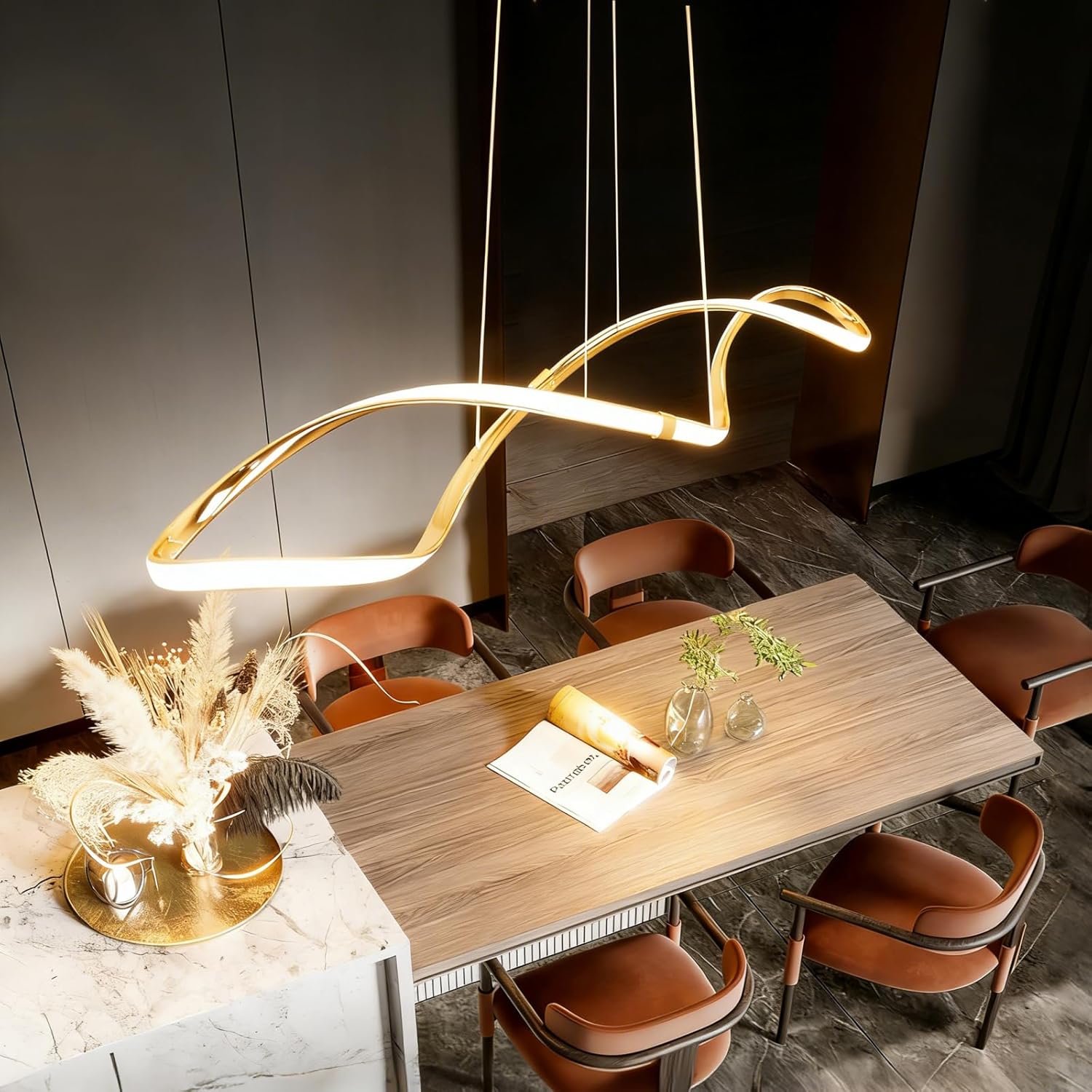 39 Inch Modern LED Pendant Light, Remote Control Dimmable Adjustable Height, DIY Kitchen Island Lighting & Dining Room Chandelier, Gold Plated Energy Saving Linear Chandelier