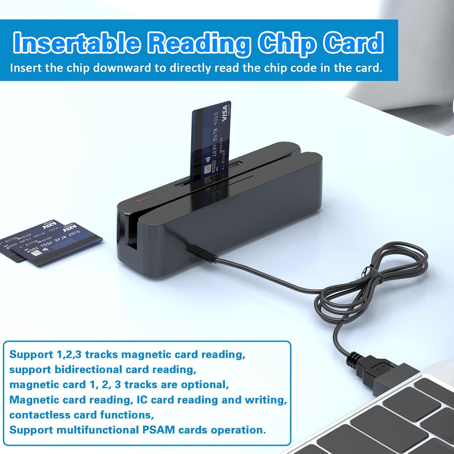 Symcode MJ-Q80 card reader showing an IC chip card being inserted chip-down into the slot.