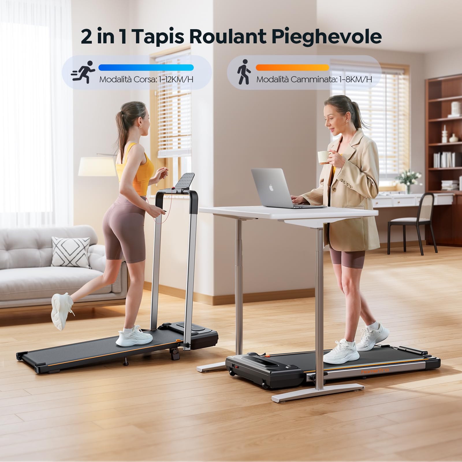Tapis Roulant Pieghevole 2 in 1 per Casa - Walking Pad con Pendenza Regolabile, Schermo LED e Telecomando - Compatibile App, Design Salvaspazio per Sotto Scrivania/Ufficio