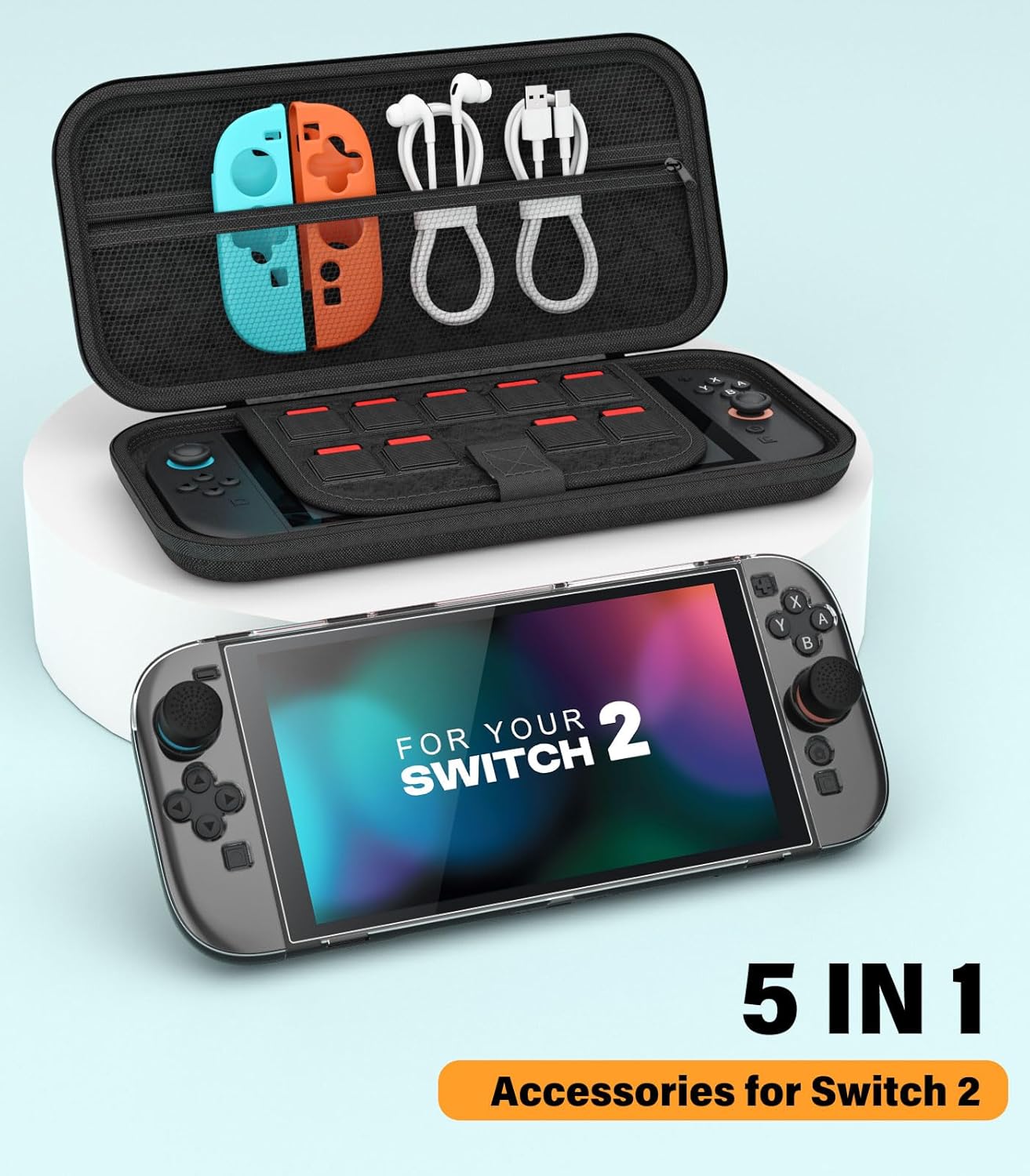 MoKo Switch 2 Accessories Bundle Kit for Nintendo Switch 2 (2025), 14 in 1 Gift Kit with Carrying Case, Protective Cover, Clear TPU Joycon Case, 2x Screen Protectors and 8x Thumb Grip Caps, Black - Image 9