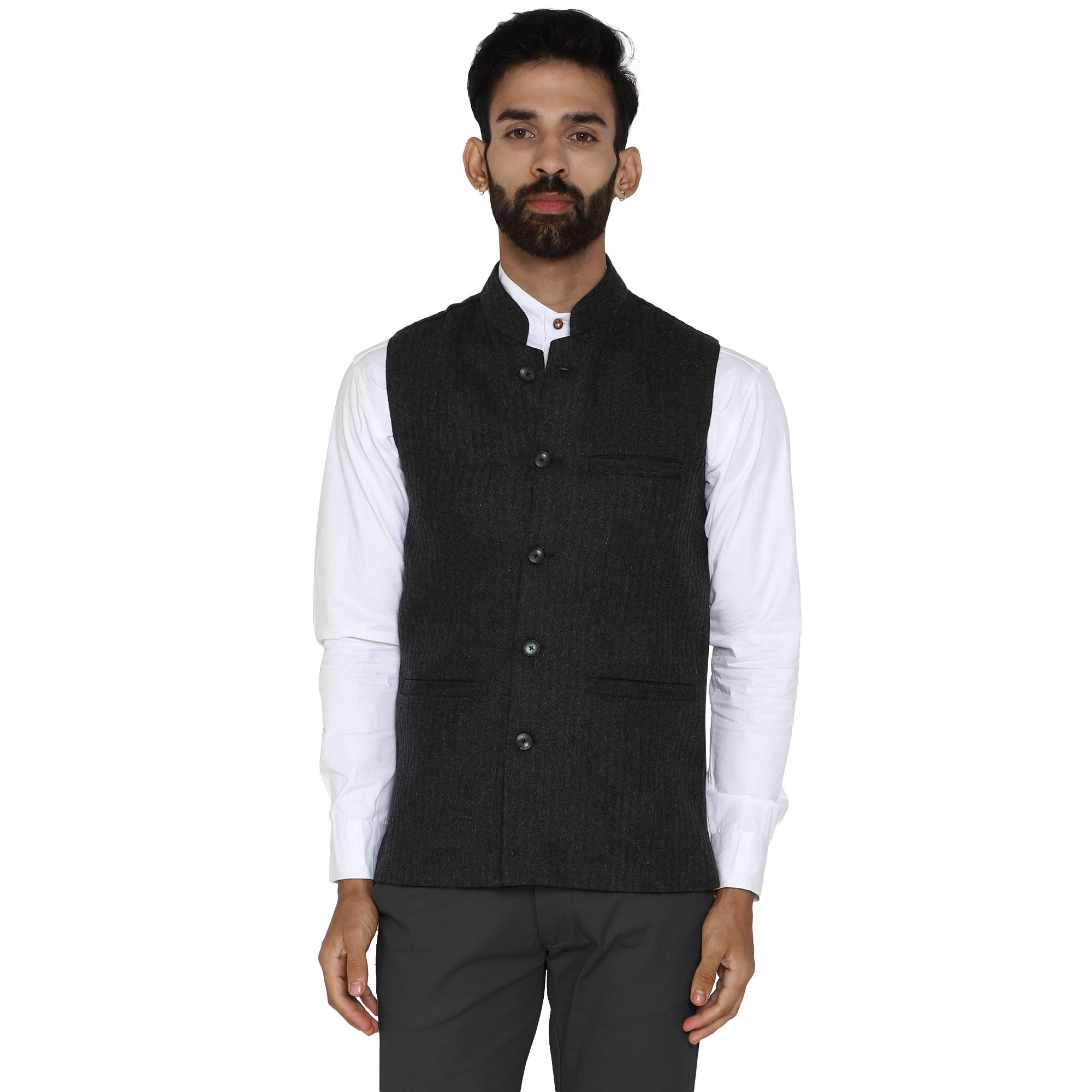 essentiele Men's Grey Dobby Striped Woollen Tweed Bandhgala Ethnic Nehru Jacket-picture-15