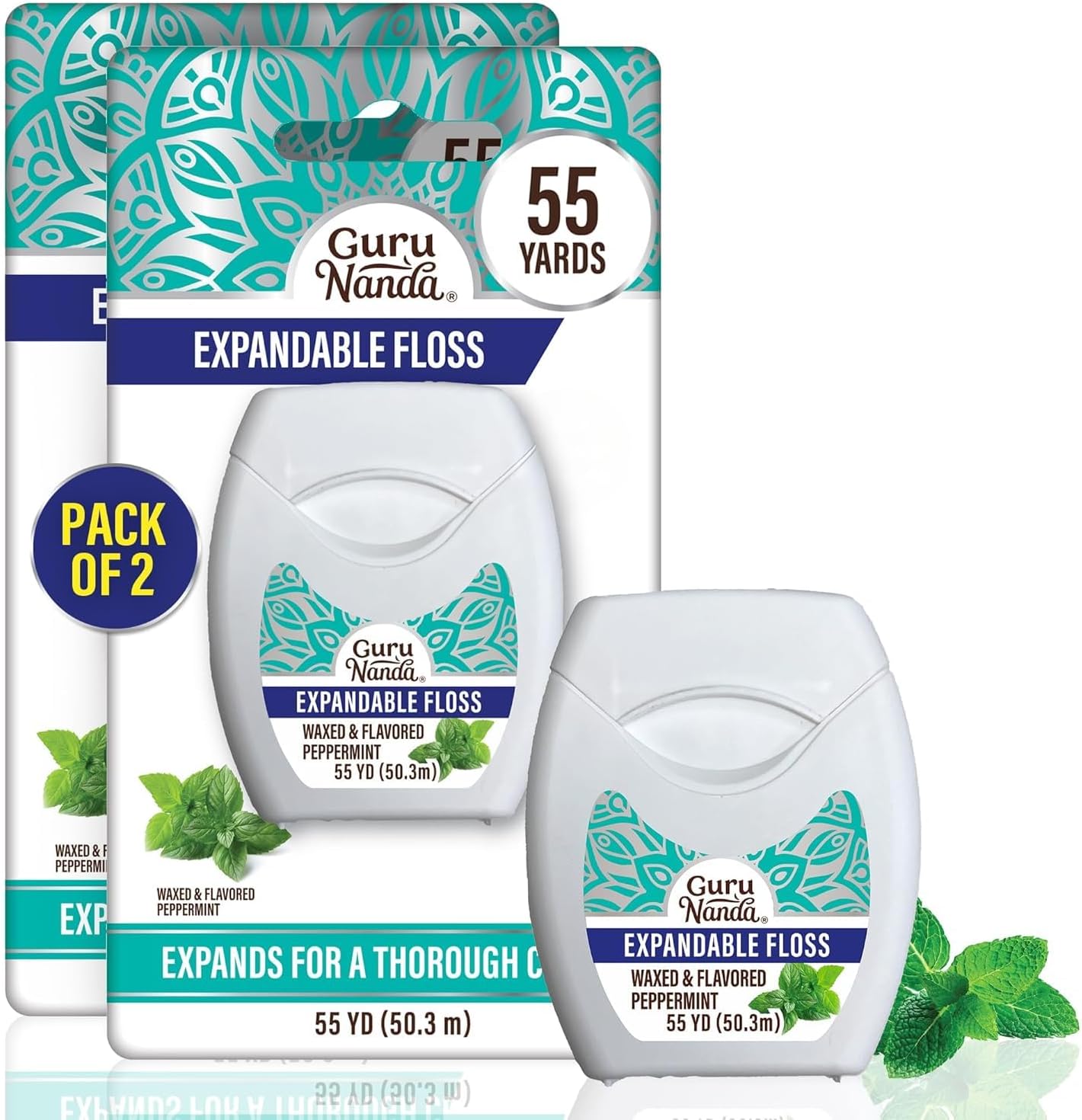 Expandable Waxed Dental Floss for Gentle, Deep Cleaning Wide Teeth Flossing - Peppermint Flavor - 55 Yards (Pack of 2)