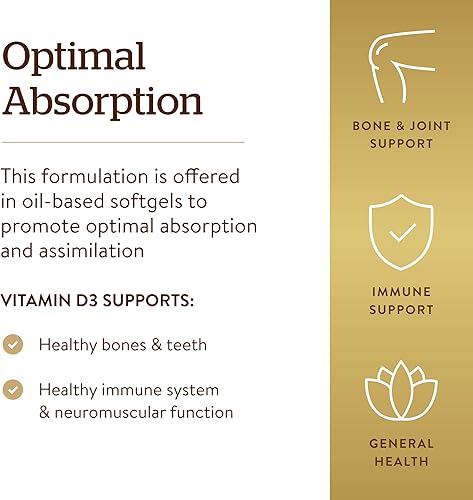 Vista 4 de Solgar Vitamina D3 (colecalciferol) 125 MCG (5000 UI), 100 cápsulas blandas – Ayuda a mantener huesos y dientes saludables – Apoyo del sistema