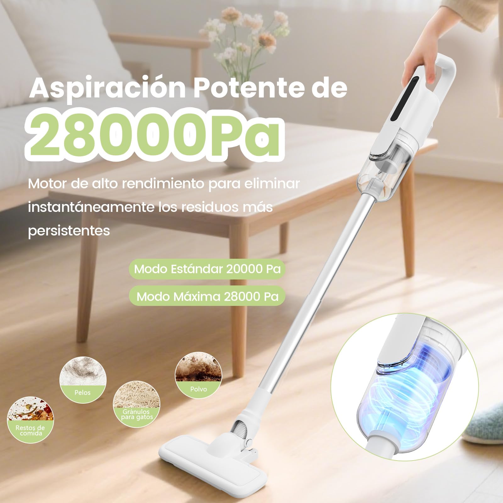 Suirviz U5PRO Aspiradora sin Cable 28000Pa, Escoba Aspiradora Ligera Vertical y de Mano, Filtro HEPA Lavable, Sistema Antienredos, para Suelos Duros, Mascotas, Hogar y Coche