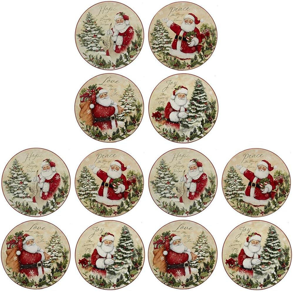 Holiday Wishes Christmas Salad Plates Set of 4 9 Inch Vintage Santa Ceramic Plates with Peace Love Joy Hope Festive Holiday Dessert or Appetizer Plates for Entertaining