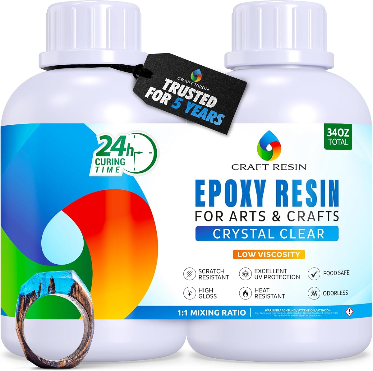 Craft Resin Crystal Clear Epoxy Resin Kit - Food Safe, UV Resistant - 34 Oz | Low Viscosity, Self Leveling Casting Resin Epoxy for DIY Art, Wood, Jewelry Making, Coasters & Molds