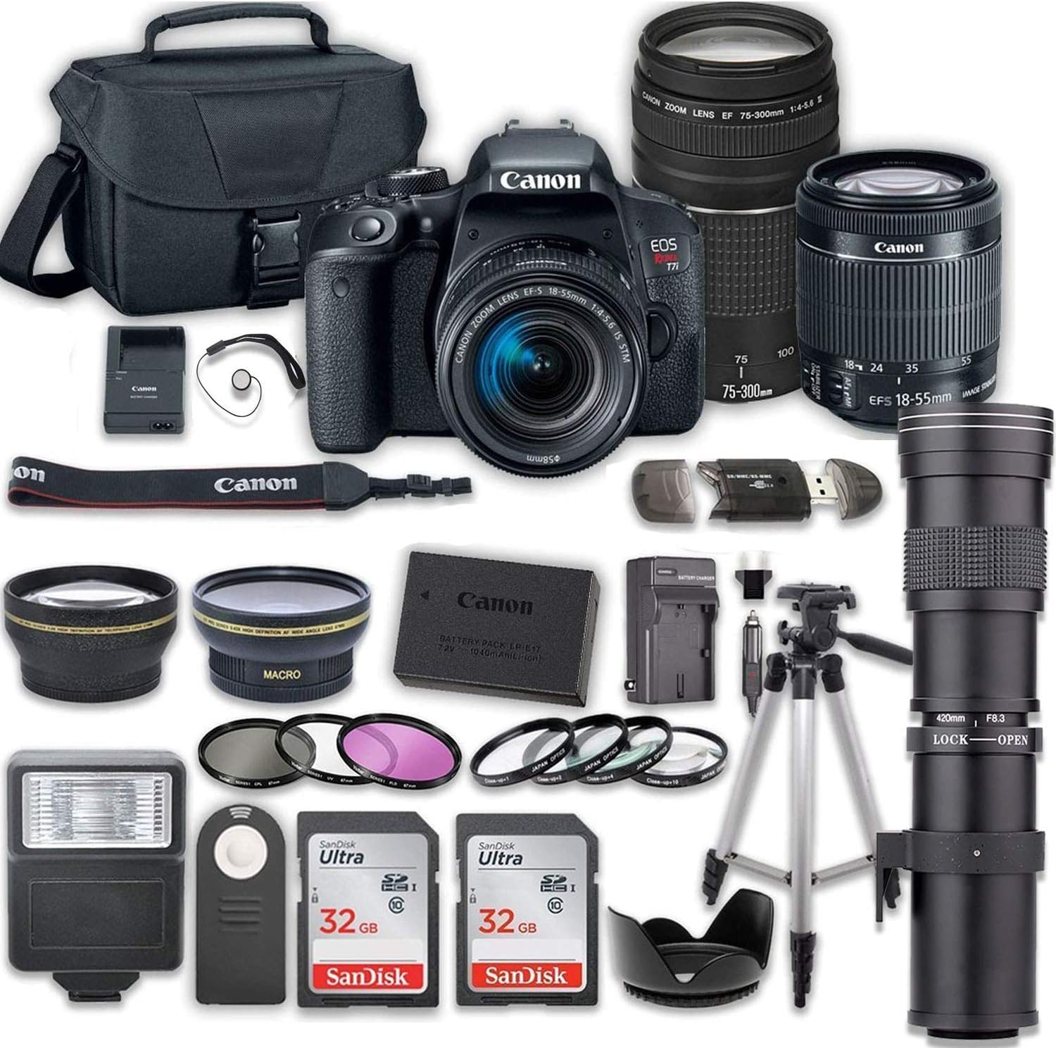 Canon EOS Rebel T7i DSLR Camera Bundle with Canon EF-S 18-55mm f/4-5.6 is STM Lens + 2pc SanDisk 32GB Memory Cards + Accessory Kit(w/ 3 Lens - 18-55 + 75-300 + 420-800)