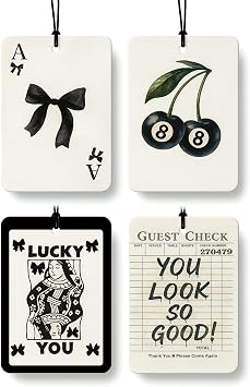 Black Coquette Bow Car Air Freshener 4 Pcs, Black Bow Ace Card Cherry Inspirational Hanging Air Freshener for Cars Closet Drawer Books, Girly Car Accessories Mirror Decor for Women