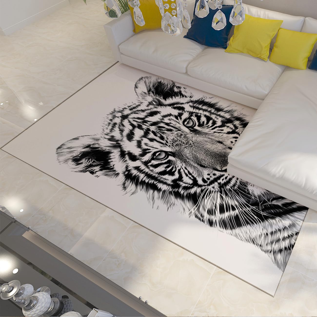 Tapis de salon moderne noir abstrait tigre lavable et antidérapant à poils courts
