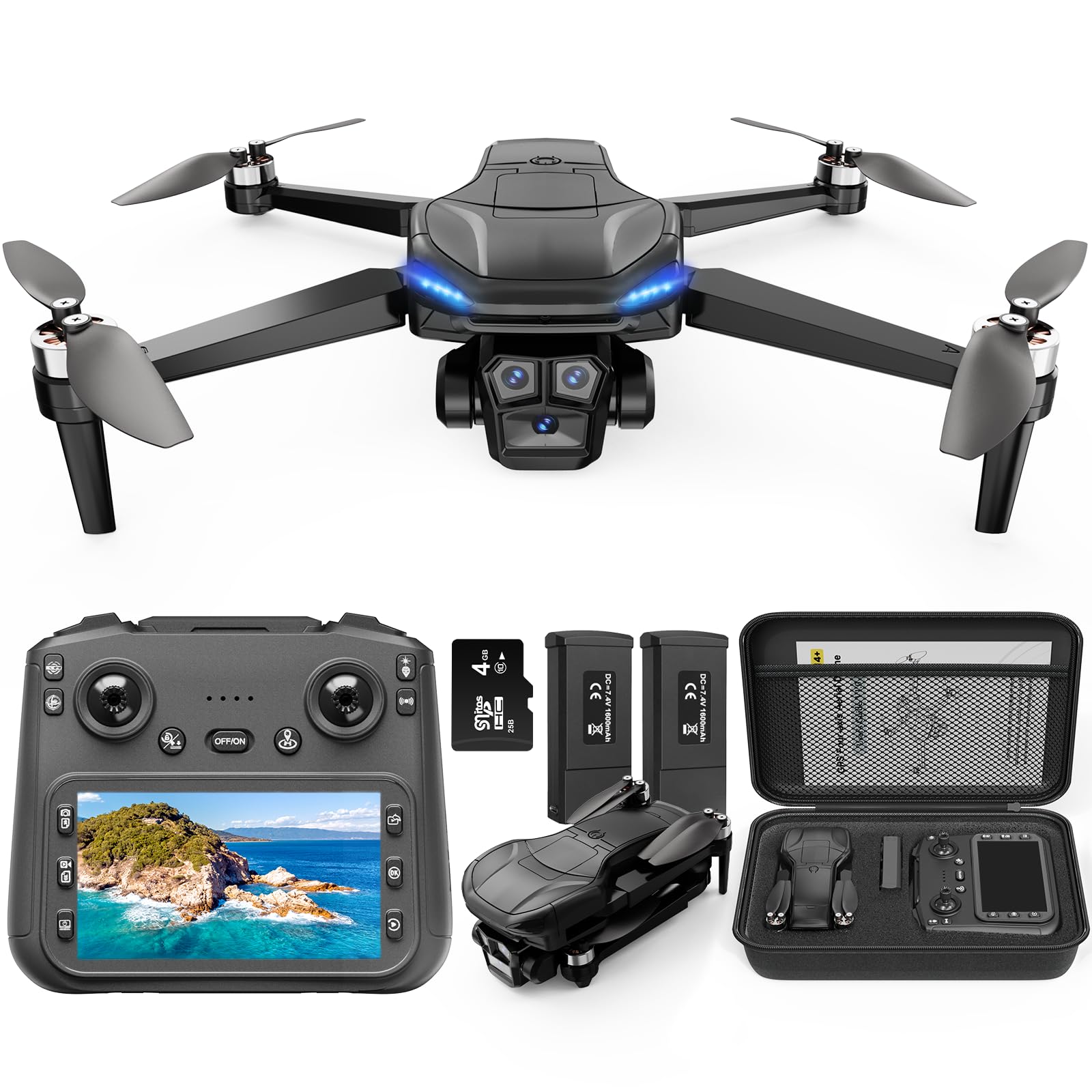 4K GPS Drone with Camera for Adults, Brushless Motor, 4.5" HD Screen Remote with 2 Batteries 60 Min Flight, with SD Card, Foldable Quadcopter Under 249g, Auto Return, Follow Me, 3 Speed Mode