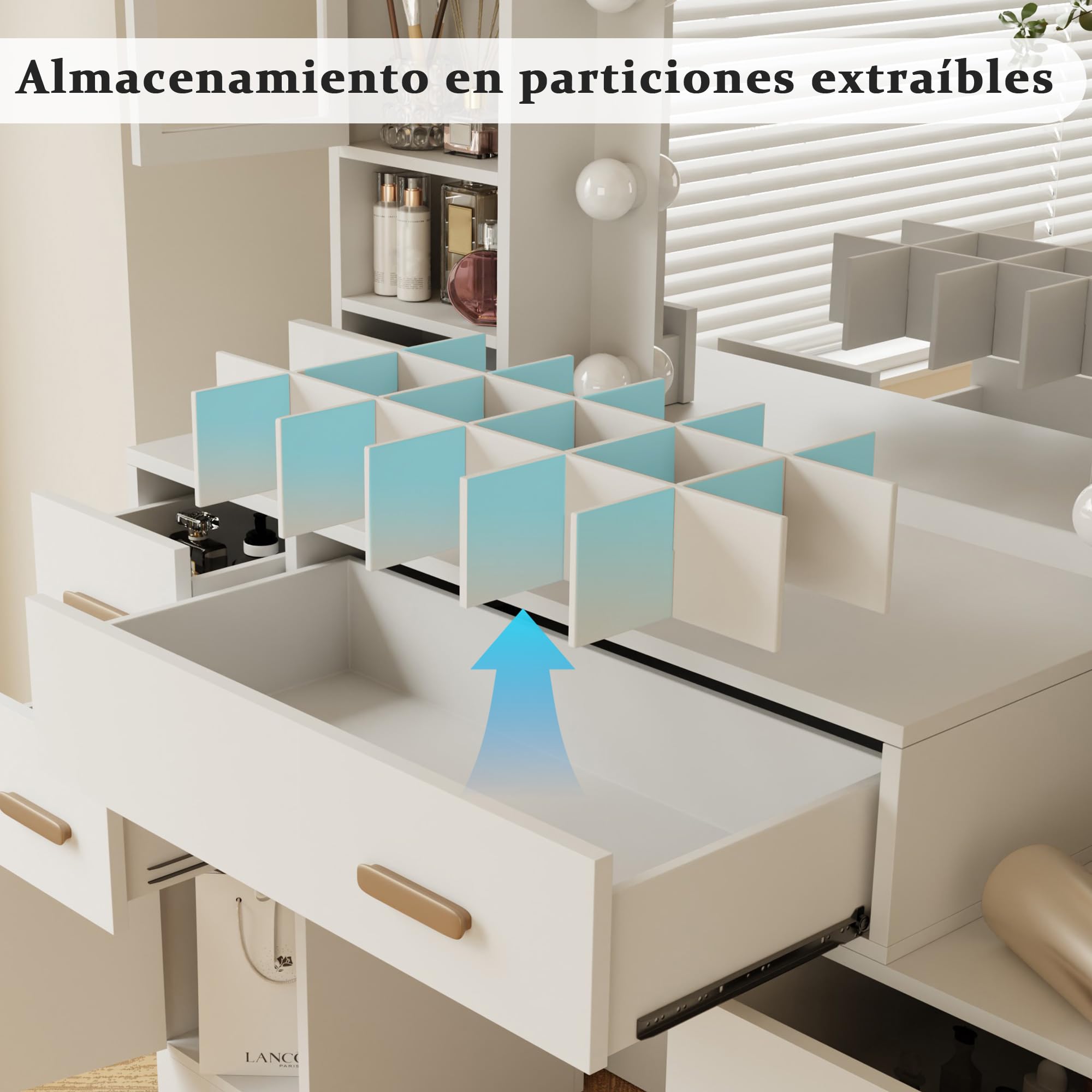Tocador con Espejo y Luces, Mesa de Maquillaje Grande de 124 cm con 7 Cajones y 3 Armarios, Tocador con Enchufe Integrado y Puertos USB, Tocador Dormitorio, Blanco