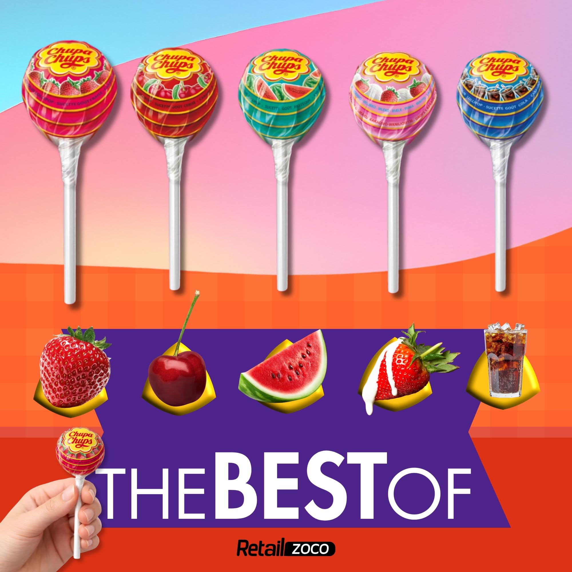Caramelo Chupa Chups Original sabores Variados, Caramelo con palo de papel, Tamaño original, Apto para veganos, sin gluten, es completamente apto para celíacos, Contiene 1 caja de 100 unidades