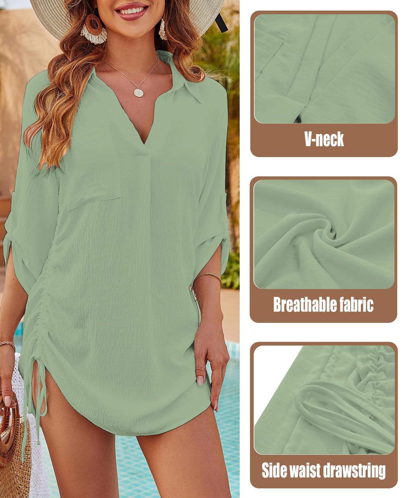 JFAN Vestido de Playa para Mujer Camisas Largos Cuello en V de Bikini Cover up Color Sólido Chic con Verano Casual Blusa de Playa con Boton