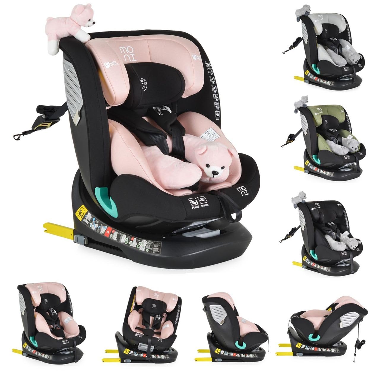 Moni seggiolino i-Size (40-150 cm) Isofix peluche cuscino per il collo, colore:rosa