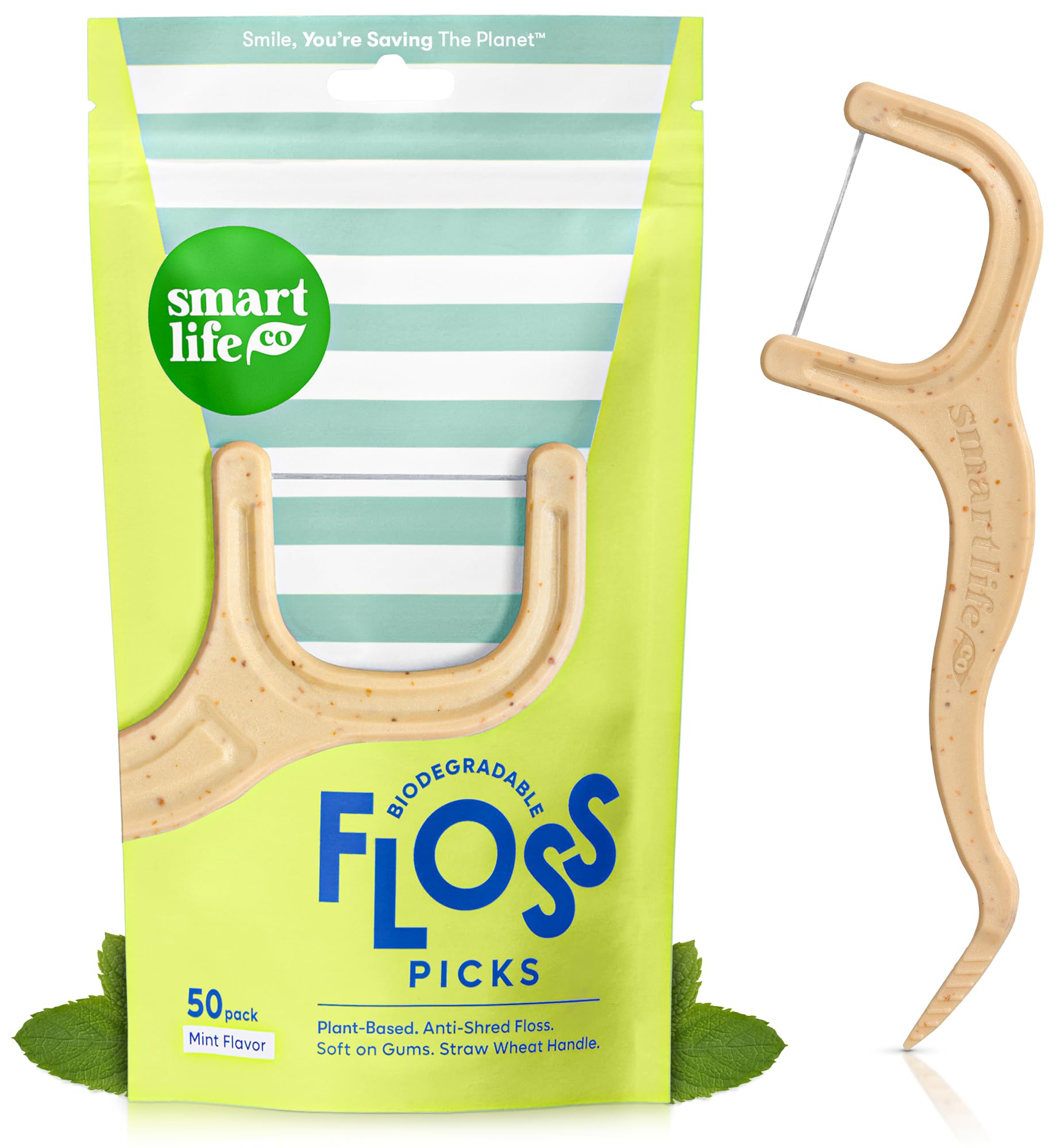 SMARTLIFECO Biodegradable Dental Floss Picks - Plant Based Handle, Thin Thread Tooth Flossers for Adults & Kids, Eco Friendly Toothpick Soft on Gum & Teeth, Compostable Zero Waste Vegan, 1 Bag - 50pk