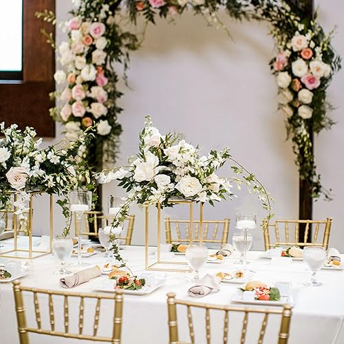 Miniatura 8 de Juego de 2 soportes dorados para flores de boda, juego de 2 jarrones de metal, columnas geométricas para mesa de boda, centros de mesa de mesa de