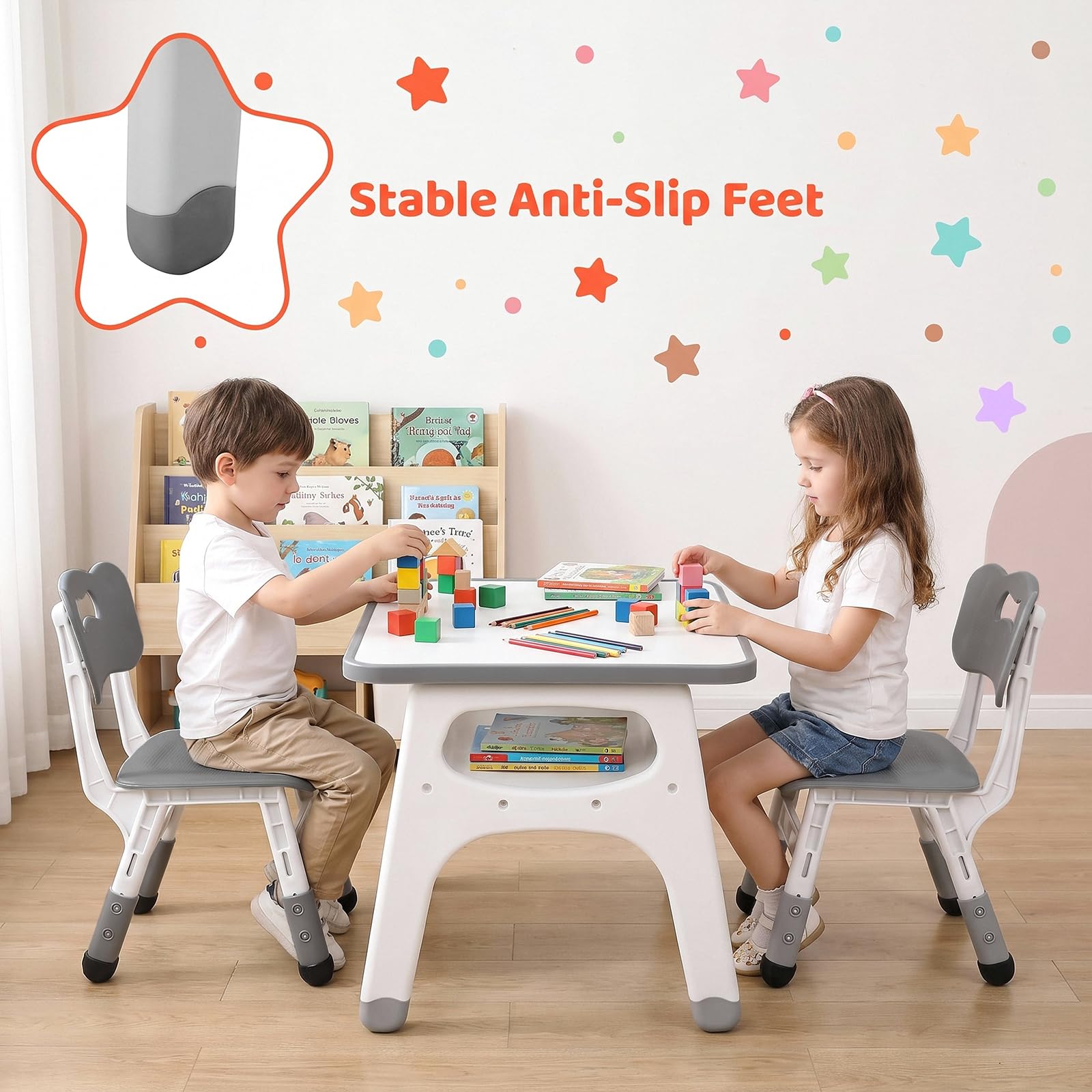 MAMIZO Kindertisch-Stuhl Set, Kindersitzgruppe mit 2 höhenverstellbaren Stühlen, Maltisch für Kinder mit bemalbarer Tischplatte & Stauraum, multifunktionaler Kinderspieltisch 70x50 cm, Grau