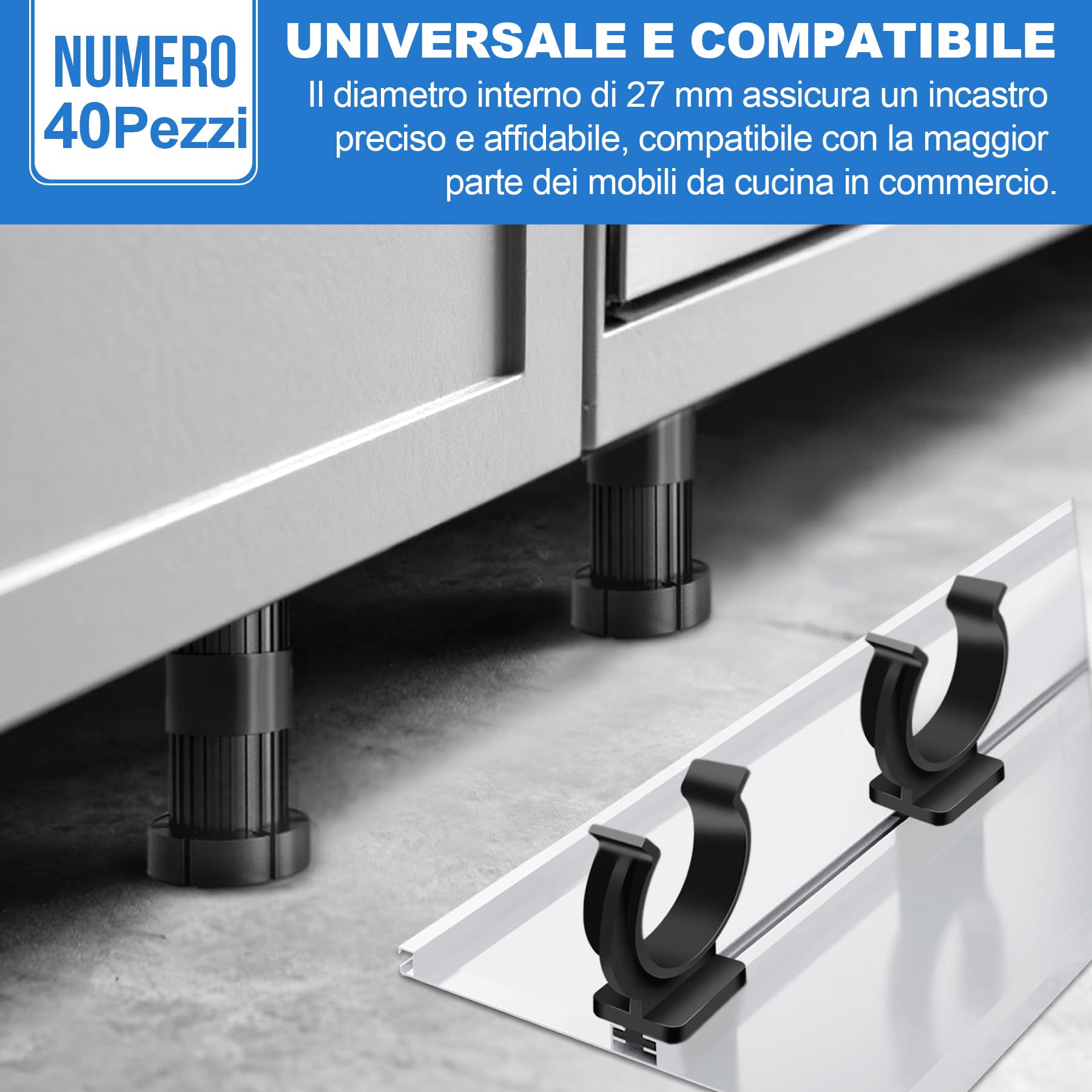 40 Pezzi Ganci per Zoccolo Cucina da 27 mm, Clip Universali in ABS per Battiscopa e Zoccolini, Compatibili con Piedini Regolabili 27–33 mm, Facili da Installare, Ricambi per Mobili Cucina