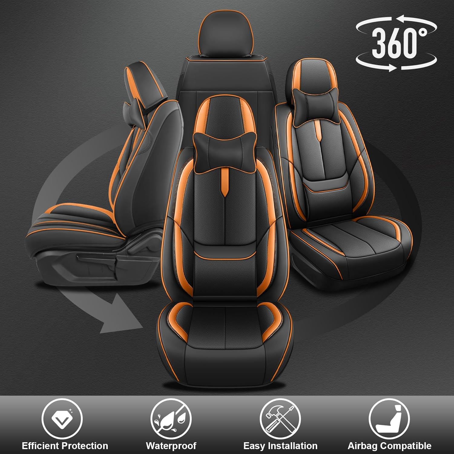 Car Seat Covers for Honda Ridgeline 2006-2026, Abrasion & Stain-Resistant Leatherette, Soft Breathable Design for Lasting Comfort(5 Seats Luxury,Black Orange)