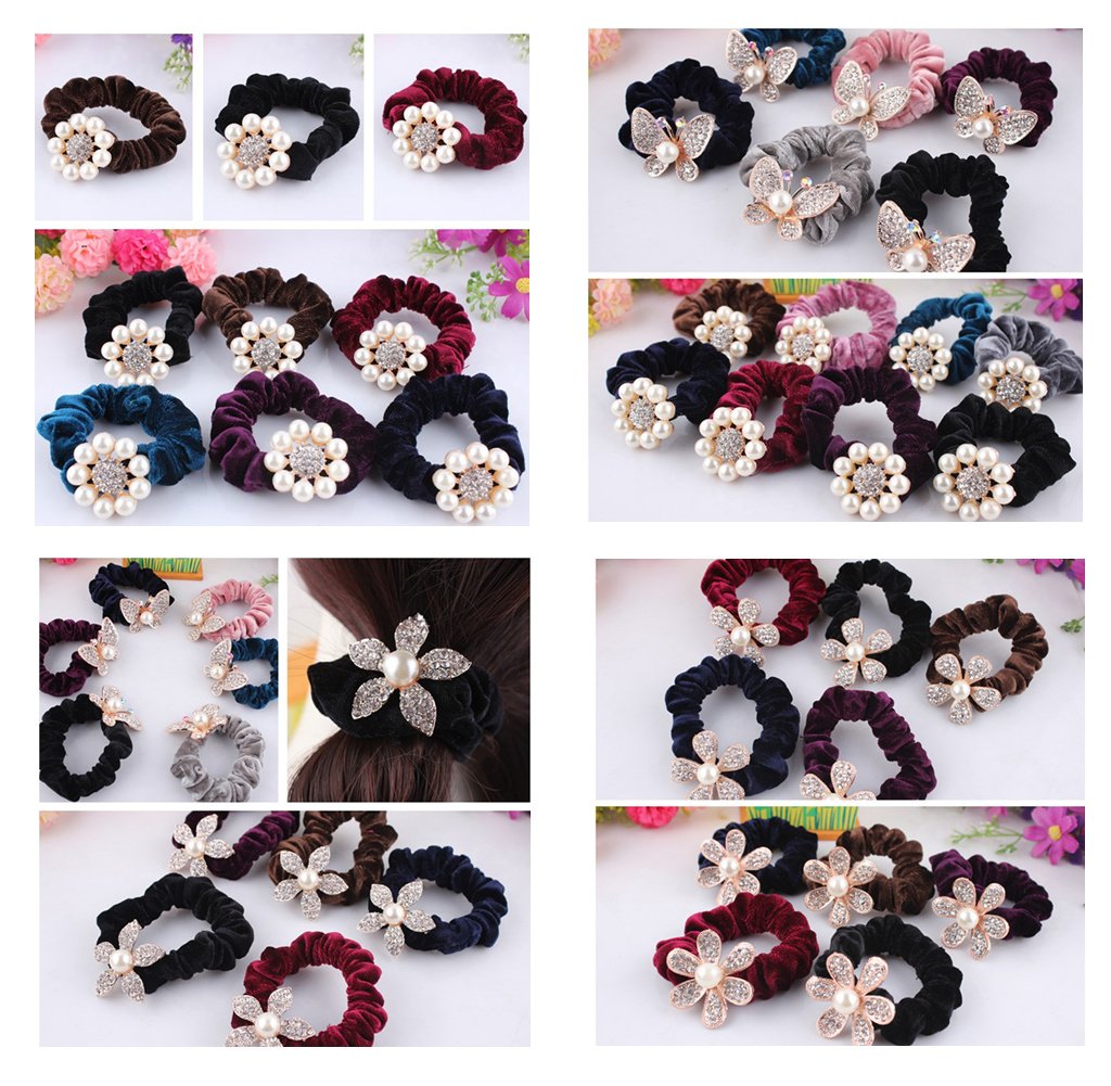 LOVEF 5PCS Pearl Flower Velvet Hair Scrunchies Rhinestone Elastic Hair Bands Ties Ponytail Holder Hair Accessories
