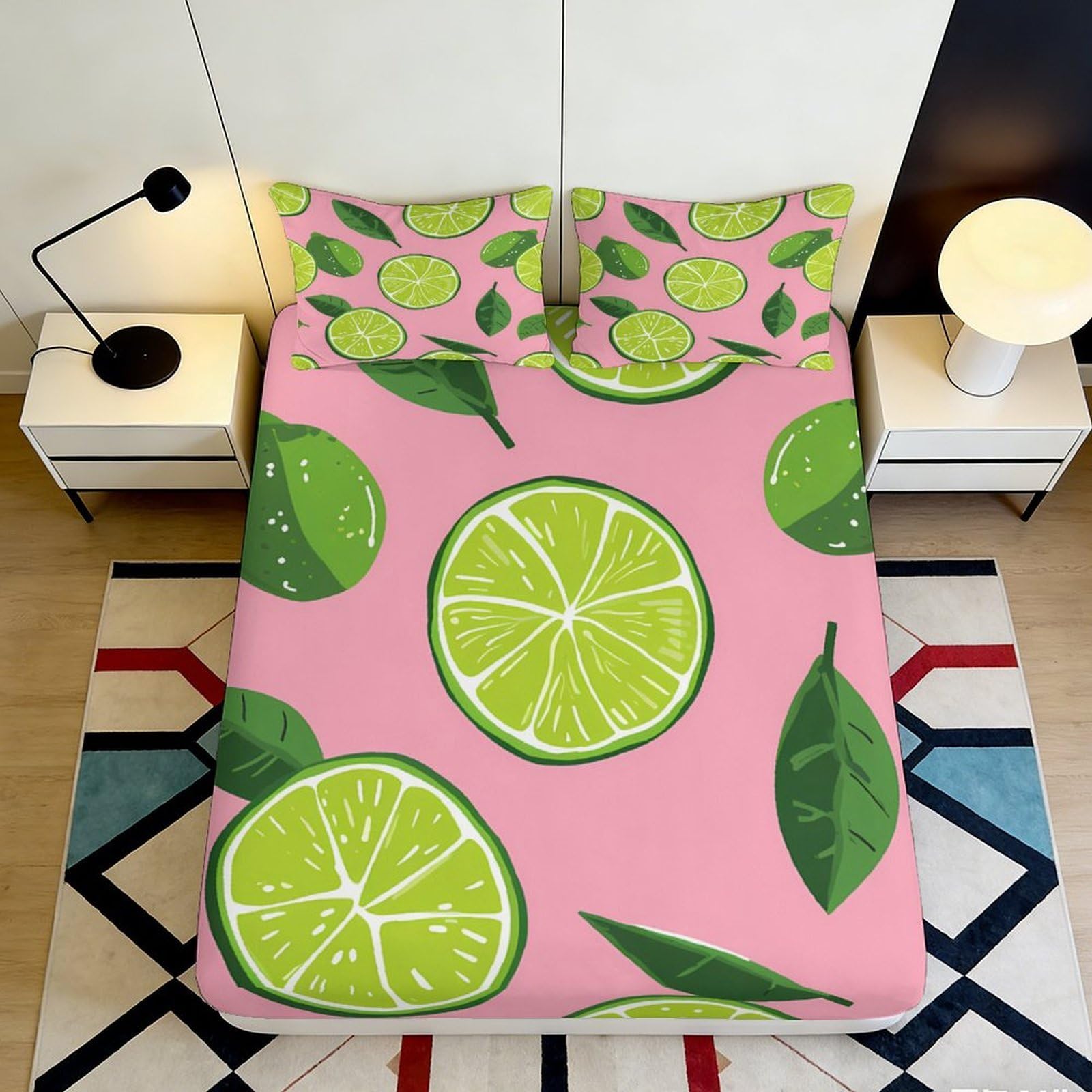 3D Printed Lemon Leaf Fitted Sheet Microfiber Deep Pocket Non-Slip Mattress Fitted Cover Dorm Gift 140x200x25cm