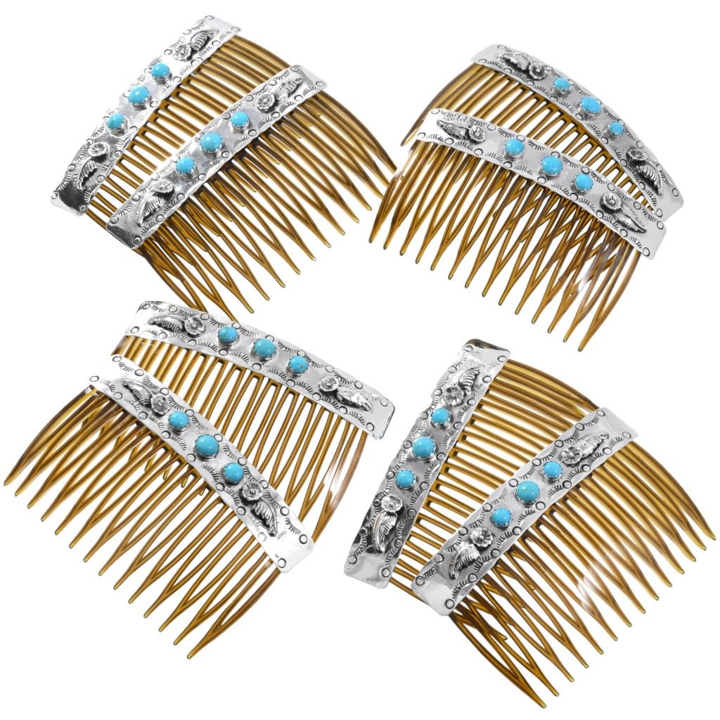 Alltribes Navajo Turquoise Hammered Silver Hair Combs Beautiful Sterling Set of Two 1514