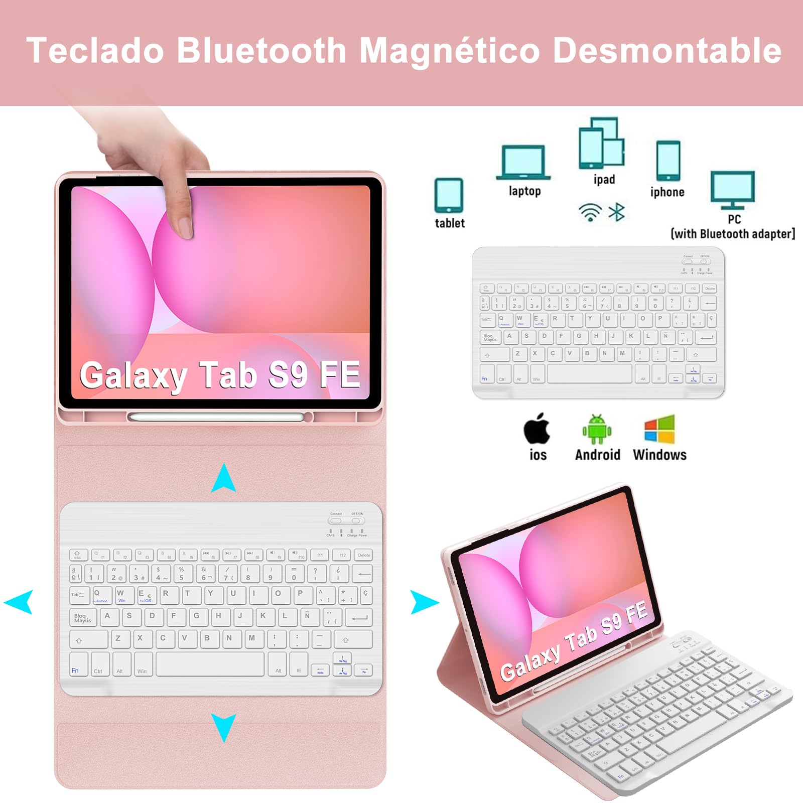 JADEMALL Custodia Tastiera per Samsung Tab S10 FE 10.9" 2025/S9 FE 10.9" 2023, Italiana QWERTY Tastiera Bluetooth con Portapenne per Galaxy Tab S9 FE/S10 FE 10.9"/S9 11", Rosa