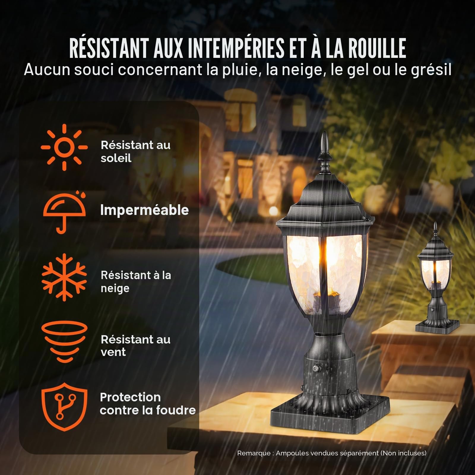 VEVOR Lampadaire extérieur, lot de 2, luminaires étanches 390 mm, avec base de montage sur pilier 9 cm, abat-jour verre, éclairage anti-foudre crépuscule à l'aube pour patio, jardin, allée, terrasse