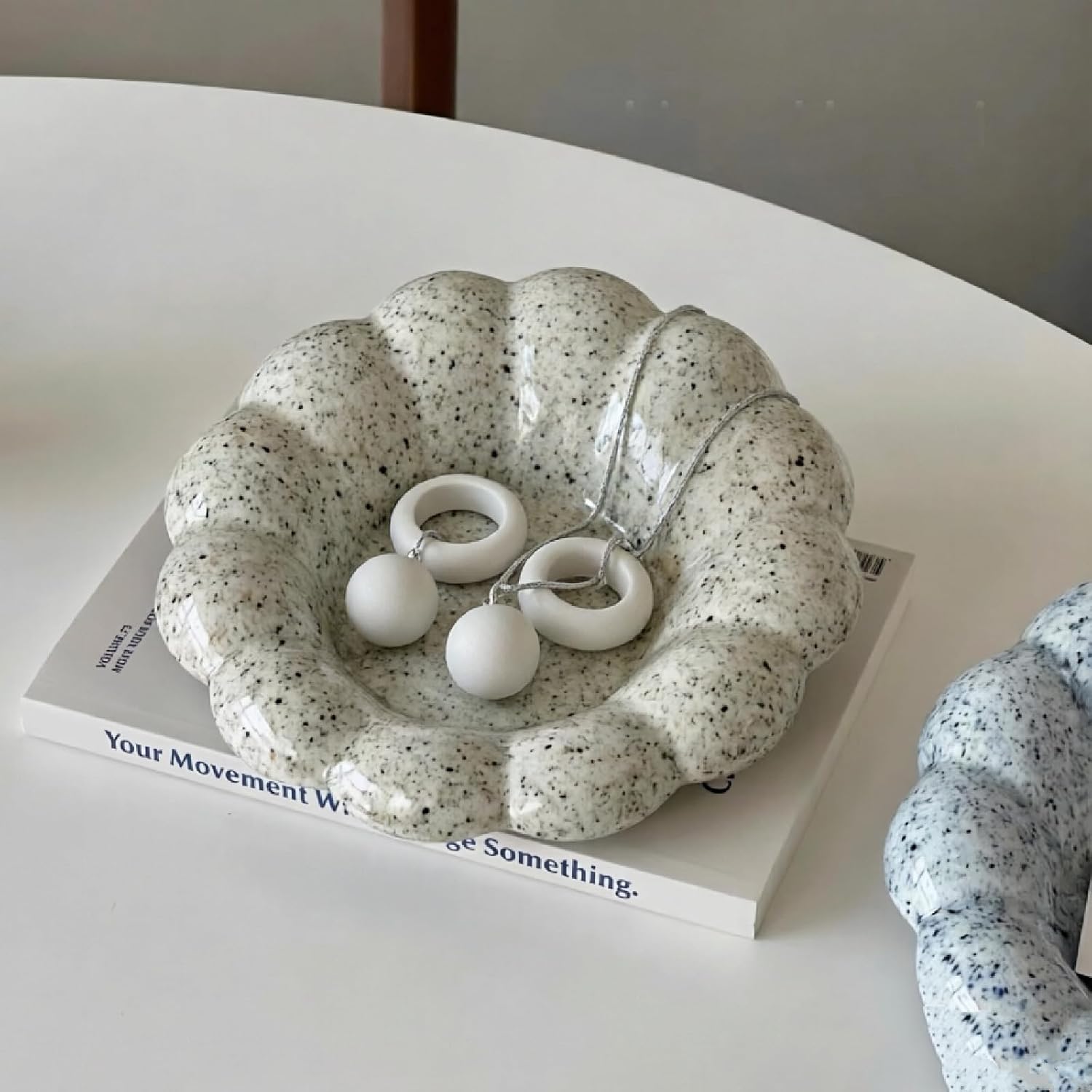 Natural Marble Speckled Jewelry Tray, 7.3" Round Scalloped Catchall Dish for Bathroom Vanity, Rings Earrings Necklaces, for Nightstand Entryway Table, Boho Home Decor for Perfume, Jewelry, Home Decor image 2