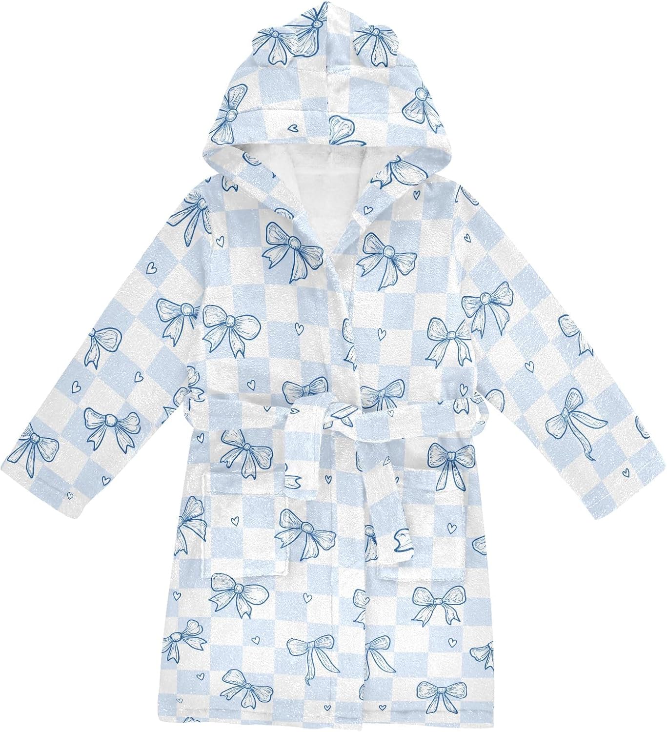 Blue Bow Checkboard Toddler Hooded Bathrobe for Boys Girls Soft Plush Bath Towel Robe 2-12 Years
