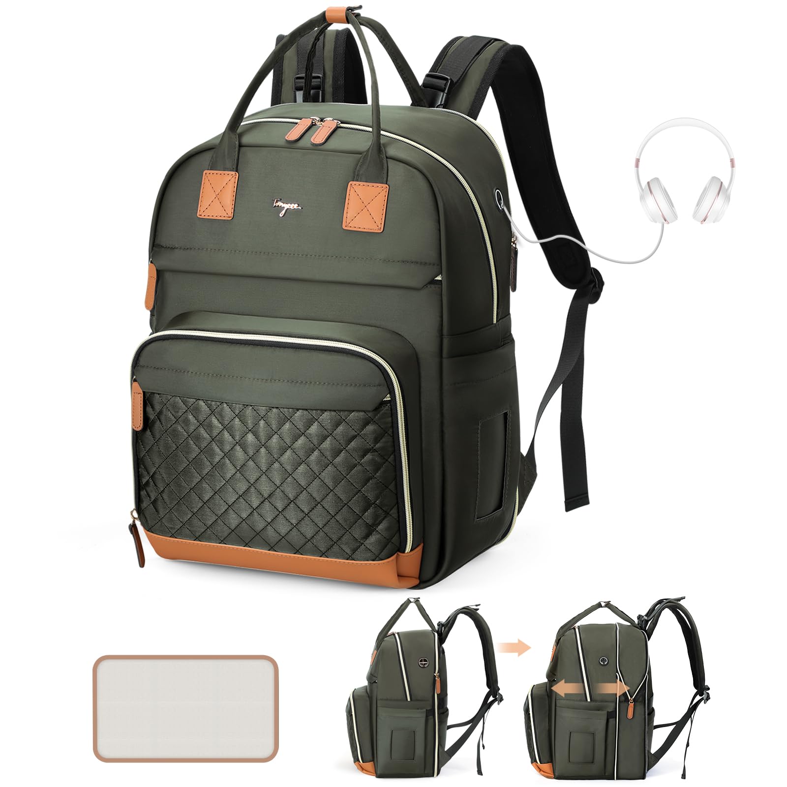 Tonyeee Diaper Bag Backpack - Extra Large Diaper Bag for 2 Kids Twin, Travel Baby Bags for Mom Dad 25-37L Expandable with Changing Pad Earphone Hole, Solid Green — image 1