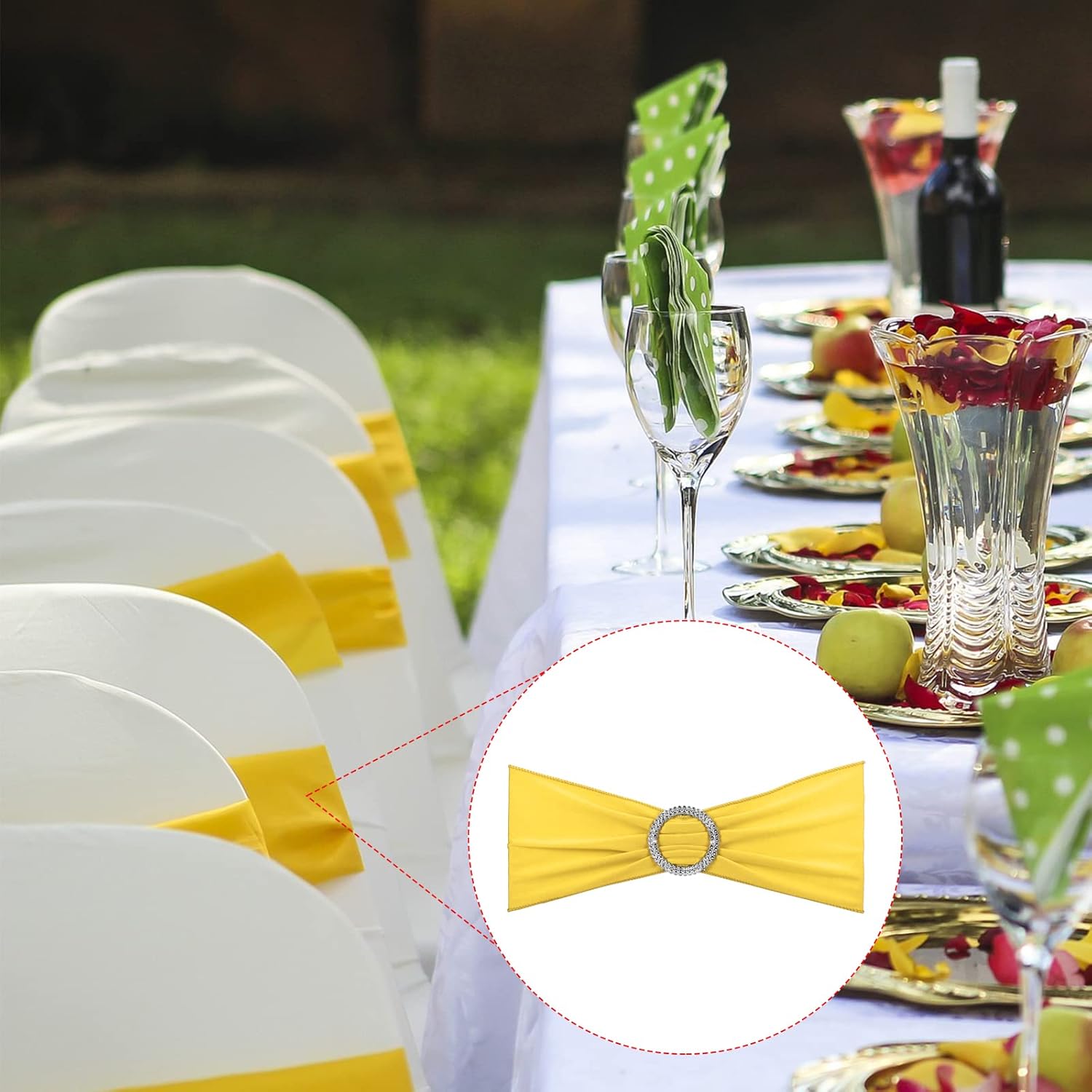 PATIKIL 13" x 5" Stretch Chair Sashes Bows, 25 Pack Elastic Chair Bands Sashes with Buckle Slider for Wedding Banquet Decorations, Yellow