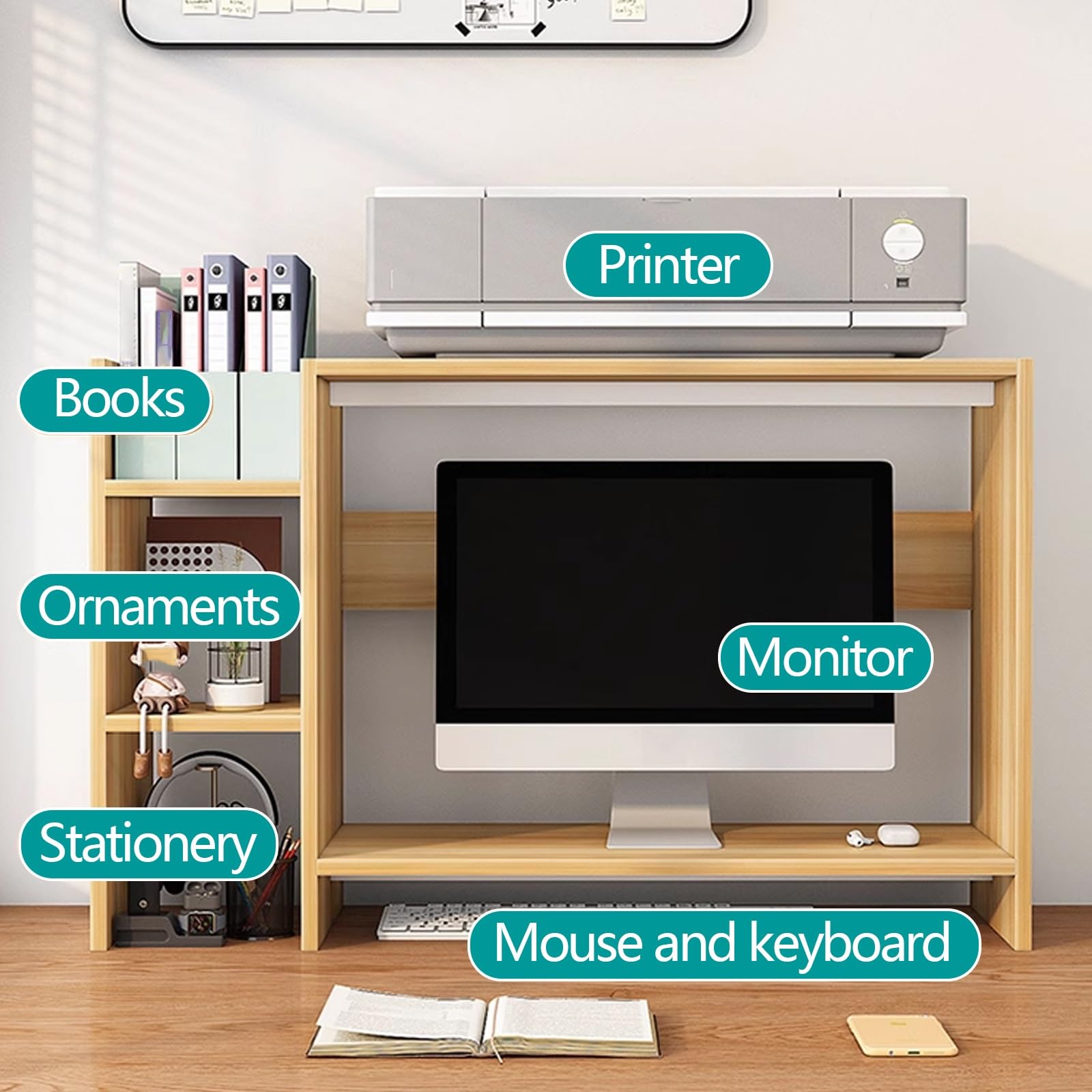 Scaffale da Scrivania Salvaspazio Piccolo Scomparti Aperti Libreria da Scrivania in Legno Può Ospitare un Monitor da 32 Pollici per Ufficio Casa Dormitorio Scaffale Scrivania(Natural,89 * 30 * 64cm)