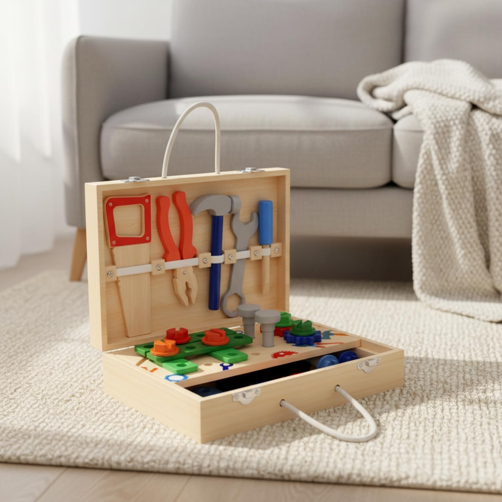 Set di Attrezzi in Legno Multifunzionale | Portatile, Valigetta Attrezzi per Bambini, Richiudibile, Banco Lavoro Giocattolo,