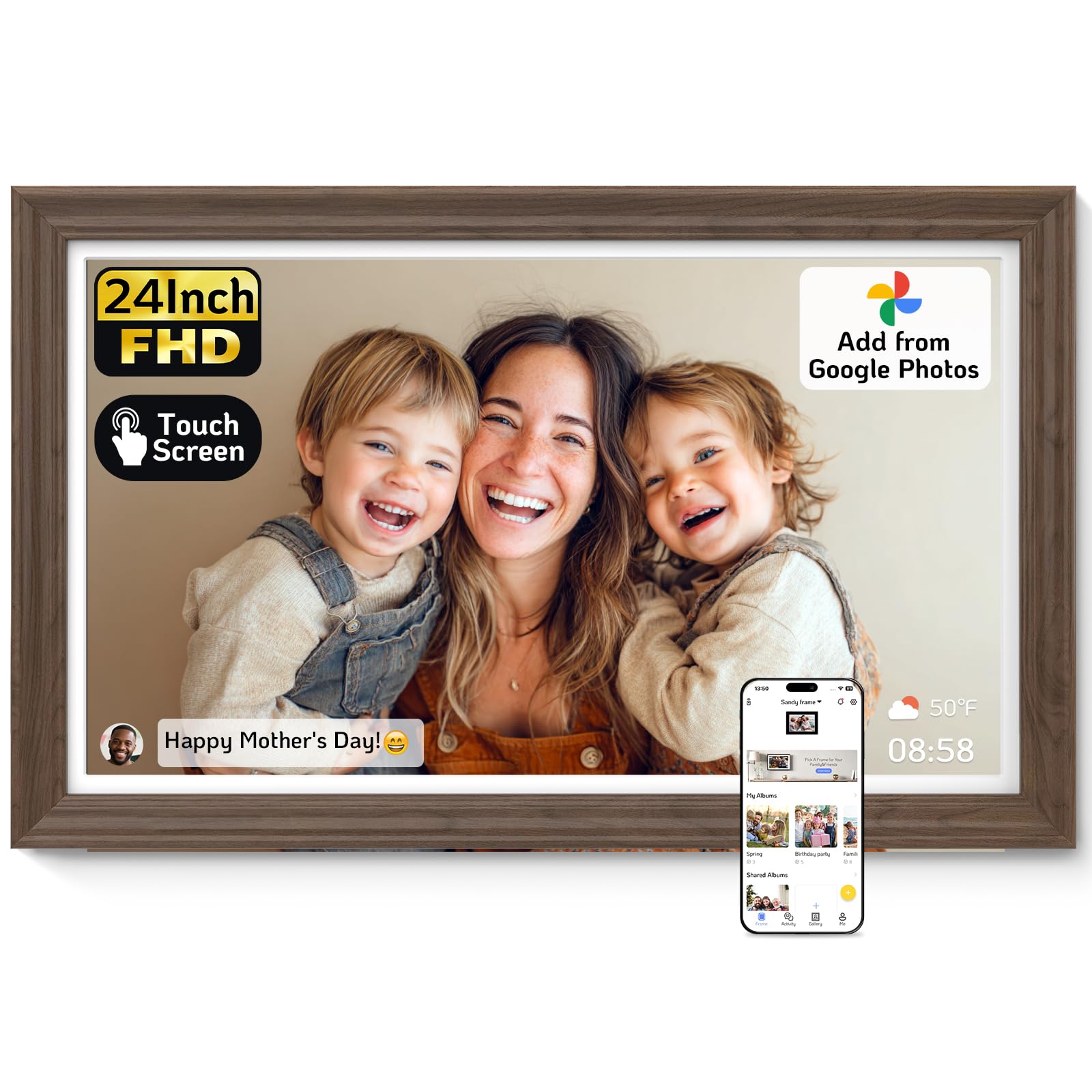 NexFoto Large Digital Picture Frame 24 Inch Touchscreen, WiFi Electronic Photo Frame 64GB, Add Pics from Google Photos, Upload Photo/Video via App/USB, Gifts for Christmas/Mom/Grandparents, Walnut