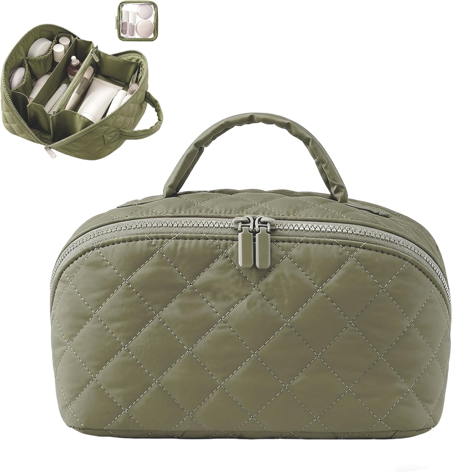Travel Makeup Bag for Woman, Puffy Padded Quilted Makeup Bag, Lay Flat Makeup Bag, Large Capacity Pouch Open Flat Small Toiletry Bag with Brush Compartment & Handle (Green)