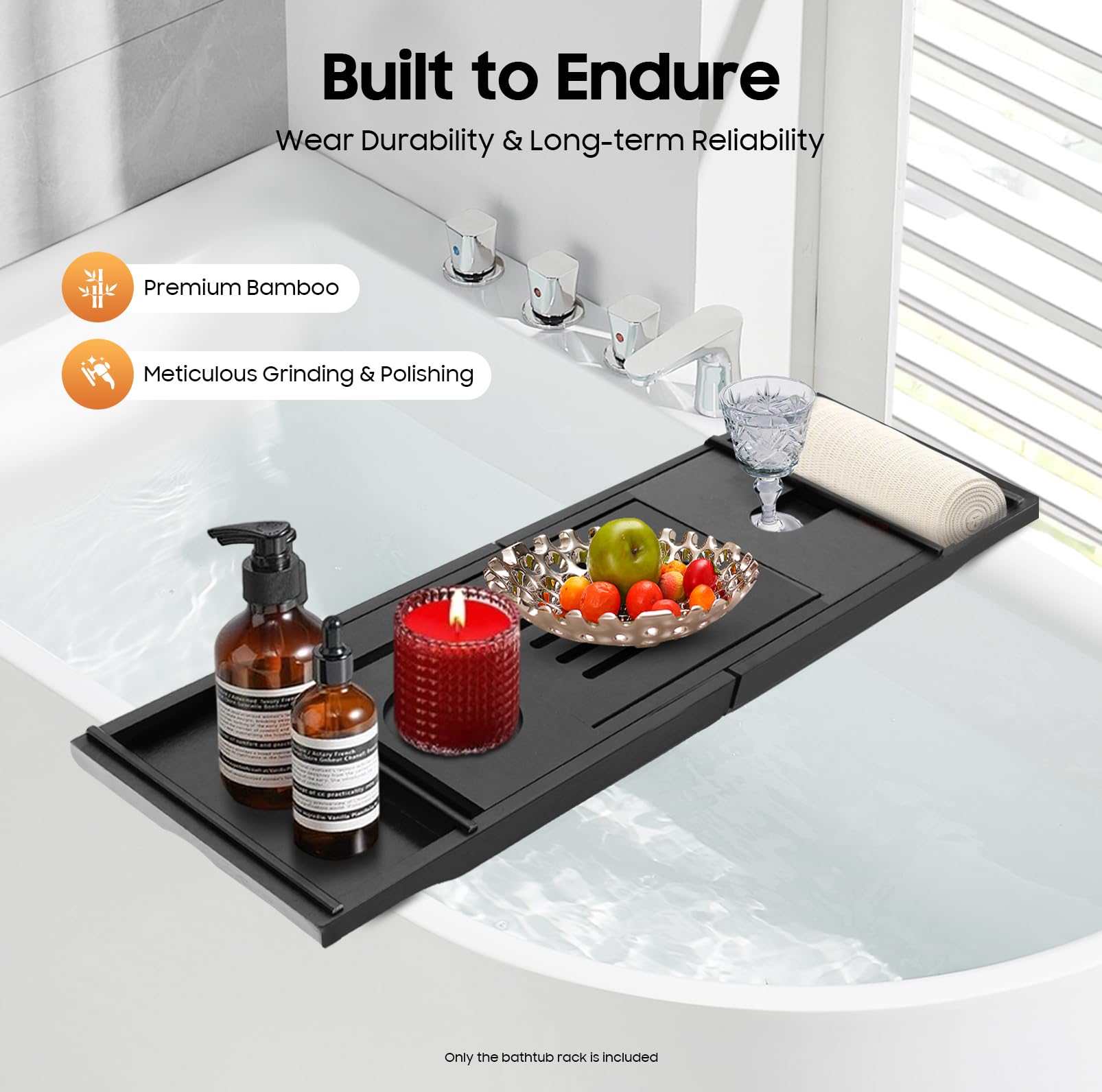 Estante extensible de bambú para bañera, ajustable, longitud ajustable de 75 a 111 cm, color negro