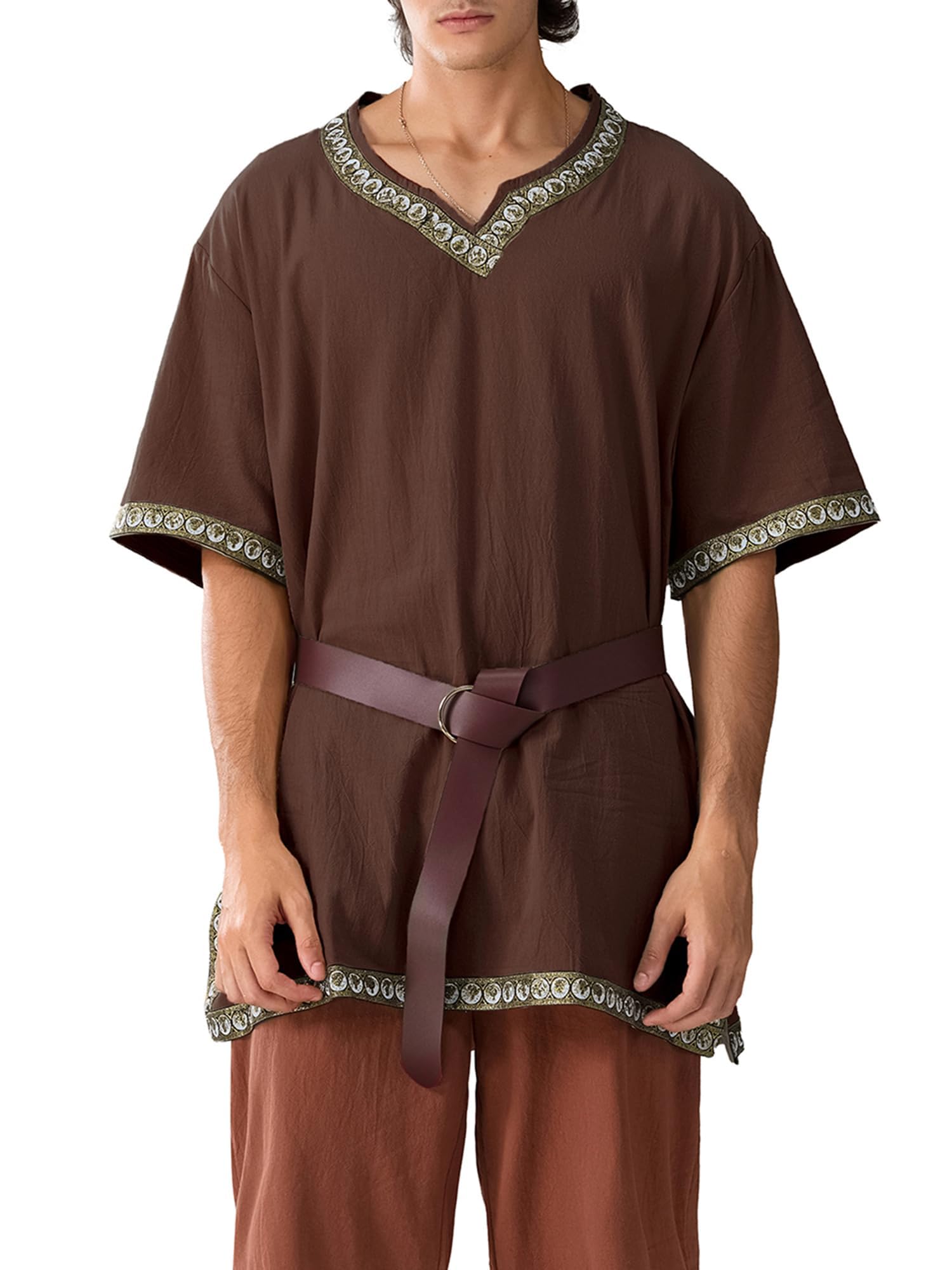 ensswliz Men Medieval Costume Renaissance Templar Tunic Viking Knight Pirate Vintage Warrior Halloween Cosplay Party Tops No Belt (A-Dark Brown, S)